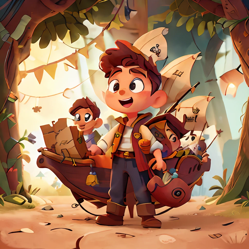 Boy dressed as a pirate leading his team on the cardboard ship, Cartoon Animation,