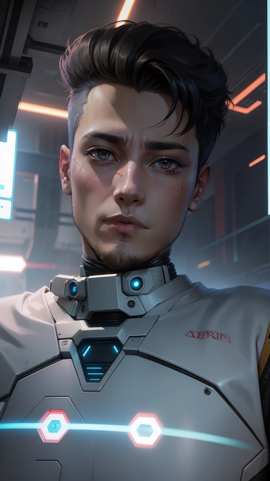 Anime boy, anime face, scifi background, scifi art,mecha, cyberpunk punk