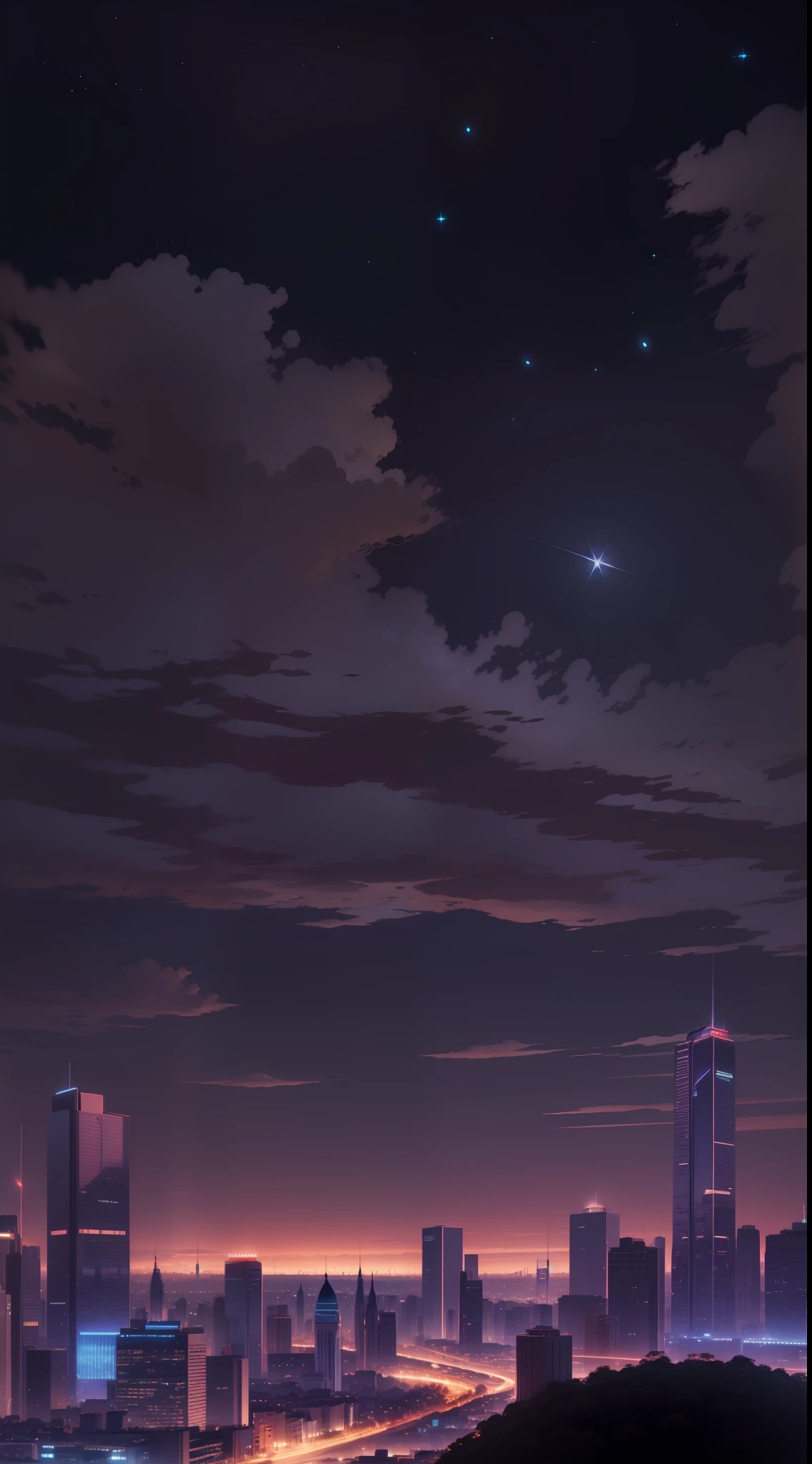 Panoramic view of the city at night, tom amarelado das luzes, starly sky, mega realista