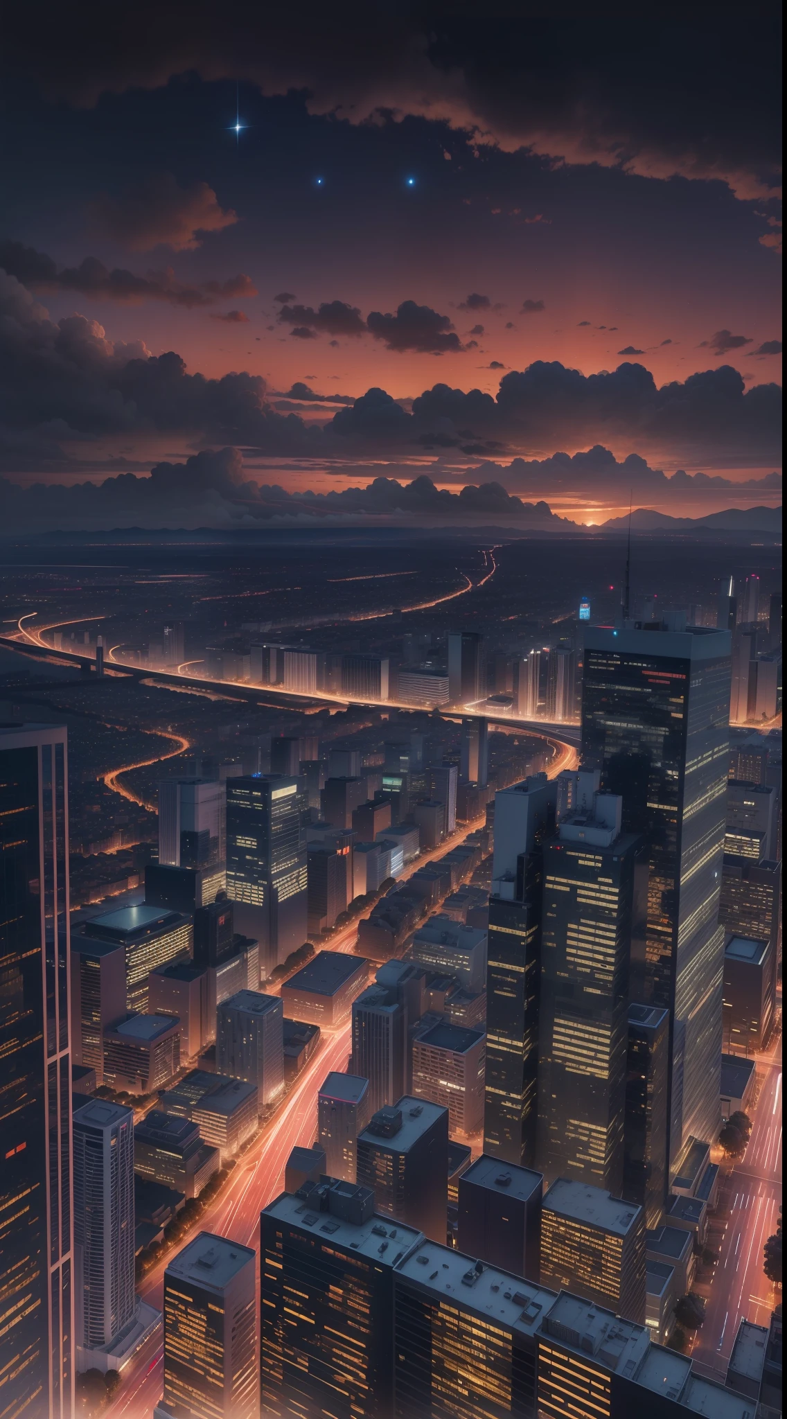 Panoramic view of the city at night, tom amarelado das luzes, starly sky, mega realista