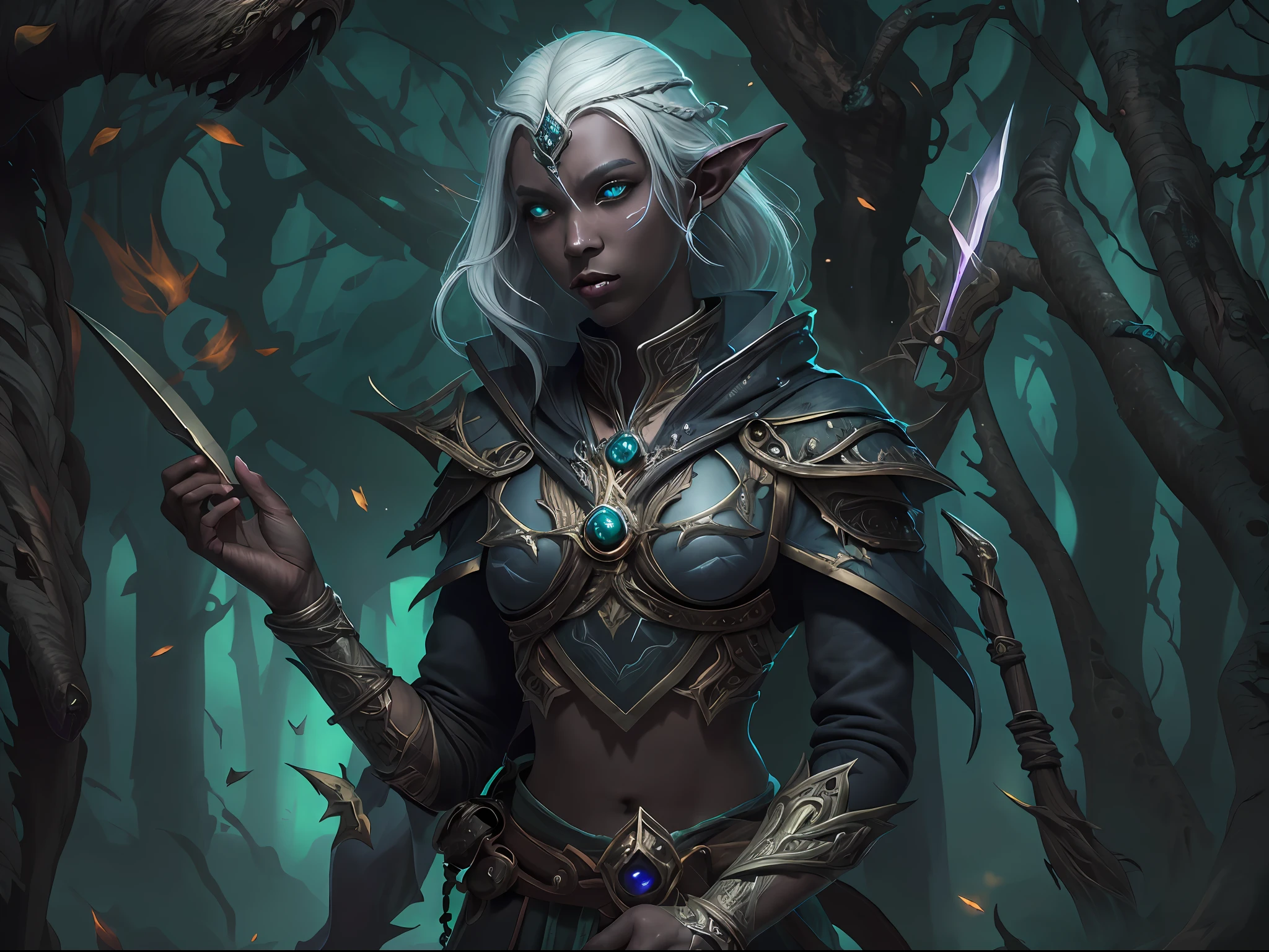 8k, ultra detailed, masterpiece, best quality, high details, best quality, highres, 1080P, 8K, full body, photorealism, anatomically correct, fantasy art, RPG art, epic female dark elf, drow elf (intense details, Masterpiece, best quality: 1.5), epic ranger (intense details, Masterpiece, best quality: 1.5), and her epic wolf companion, extremely beautiful drow elf, female elf (intense details, Masterpiece, best quality: 1.5), ultra detailed face, small pointed ears, black skin, white hair, long hair, braided hair, green eyes (intense details, Masterpiece, best quality: 1.5), intent look, wearing light armor (intense details, Masterpiece, best quality: 1.5), brown armor, wearing black cloak (intense details, Masterpiece, best quality: 1.5),,  armed with long sword (intense details, Masterpiece, best quality: 1.5), high quality, magical sword (intense details, Masterpiece, best quality: 1.5), with magical sigils,  big grey wolf, epic grey wolf, night time, moon light, stars, fantasy dark forest, trees, sense of fear,