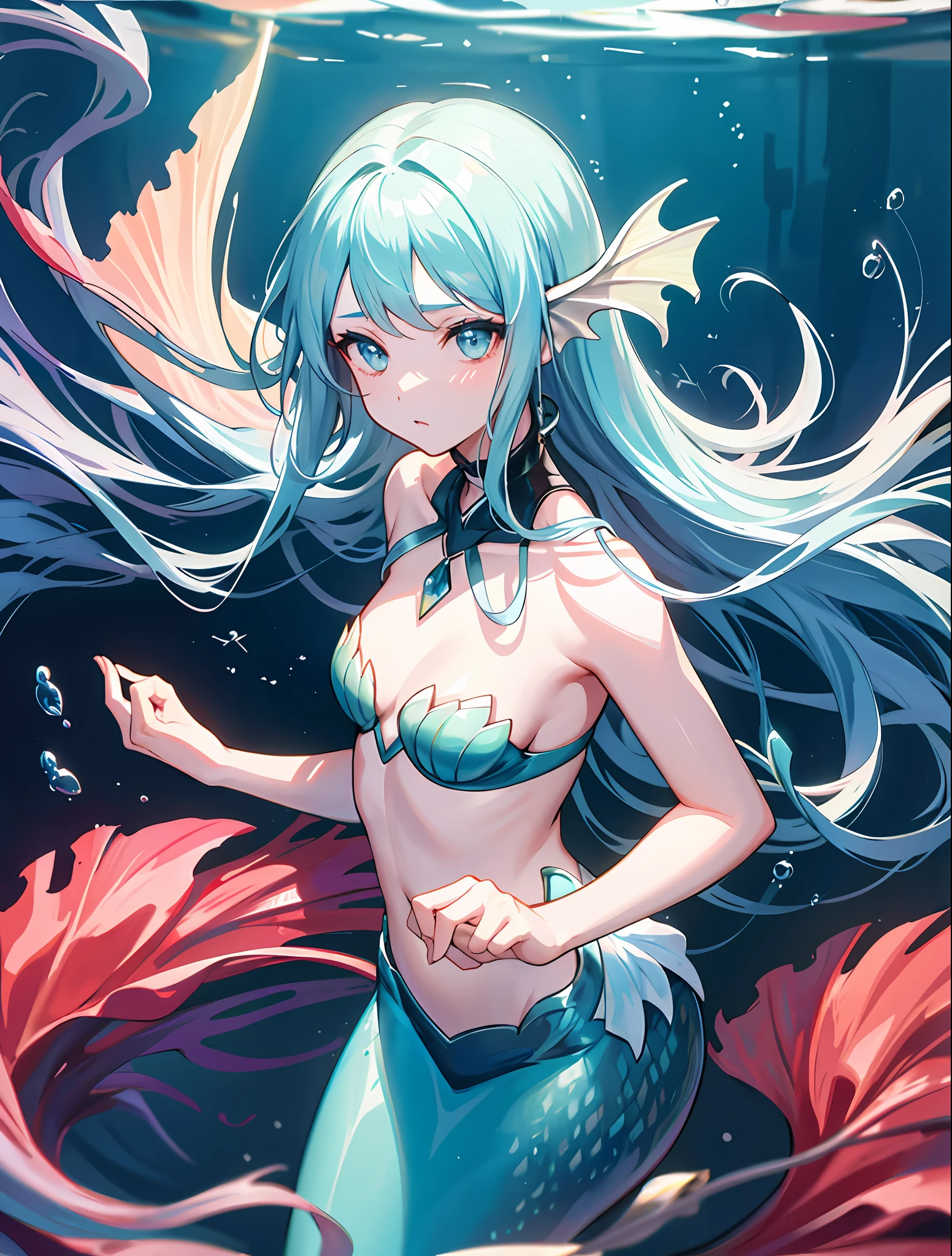 1girl, Mermaid Girl, scutes, cropped shoulders,Light reflections,airbubble,fish flocks,The corals,abyssal,trident,the god of the sea,long and flowing hair,Loose strands of hair,cropped shoulders, full bodyesbian, Original Character, volumettic light, abyssal,Perfect light and shadow,best shadow, shallowdepthoffield, Stunning beautiful girl, Delicate, beautiful and charming face,