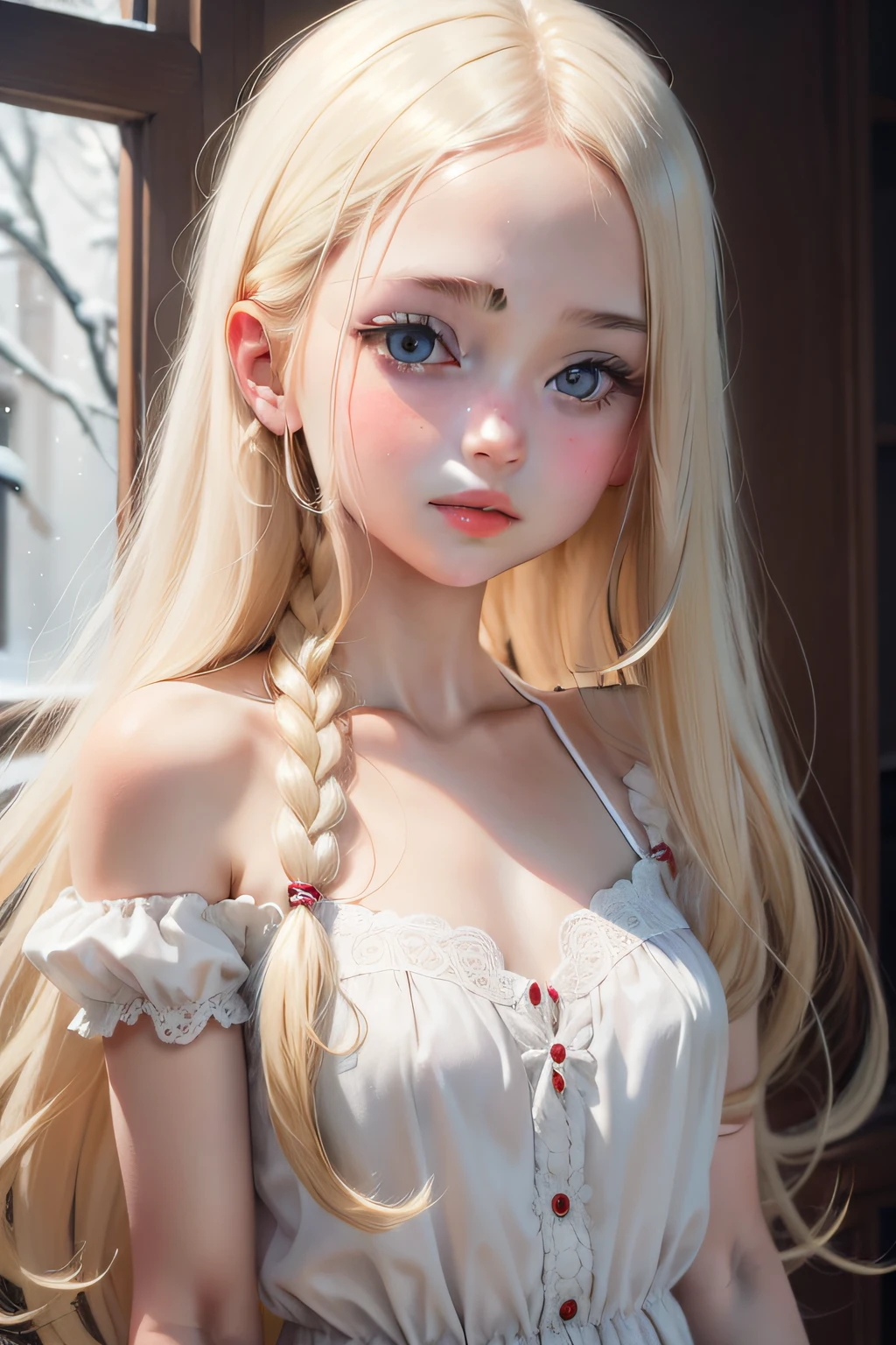 A European child with snow-white skin, long shiny blonde hair, and a pretty face