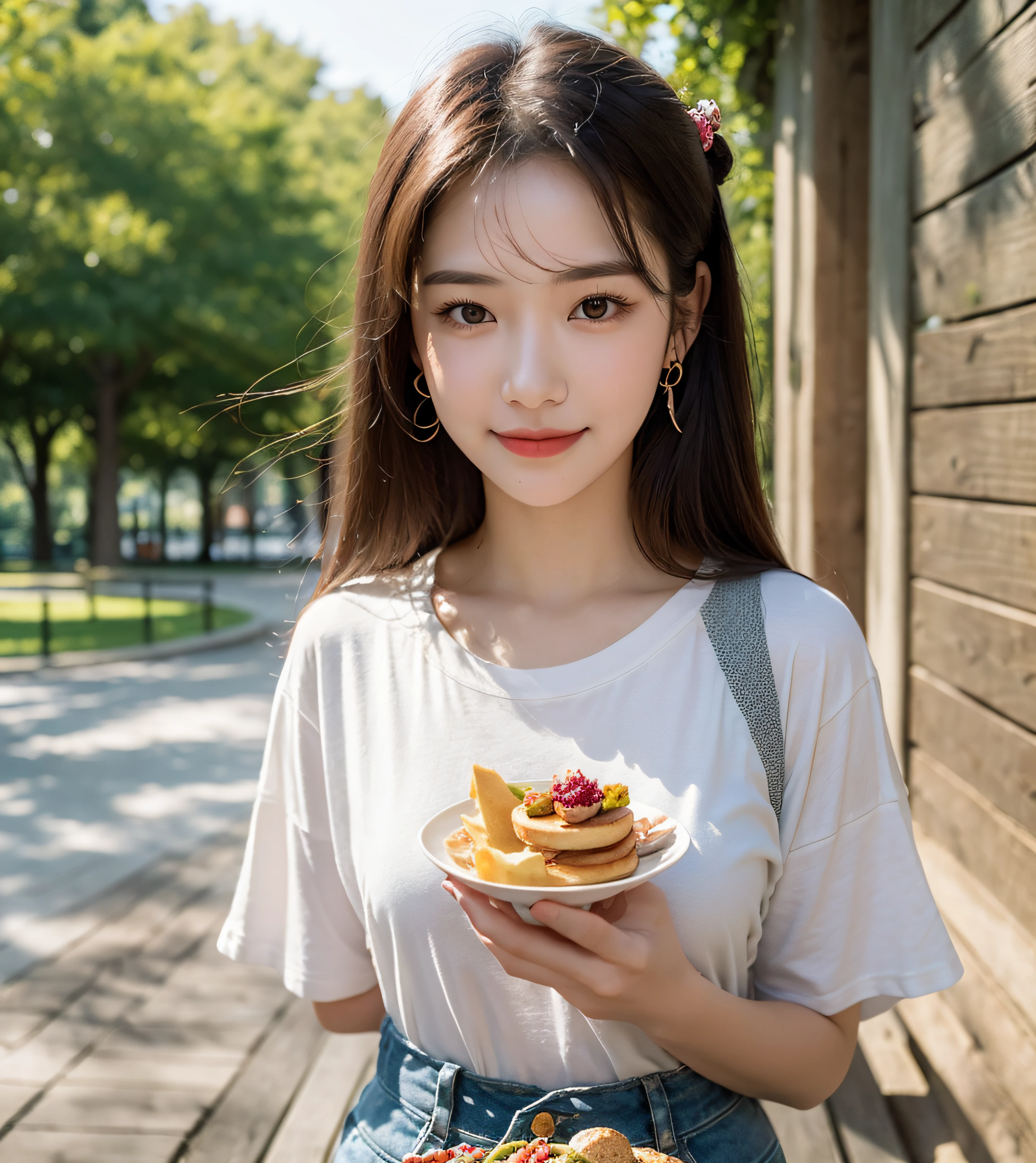 Realistic:1.2), 18yo Girl, (((at beautiful park))), wears a casual t-shirt, ((holding a small snack on a plate)), Perfect chest shape, (Happy expression, Standing: 1.2), hair ornaments, pale skin, looking at the viewer, small waist