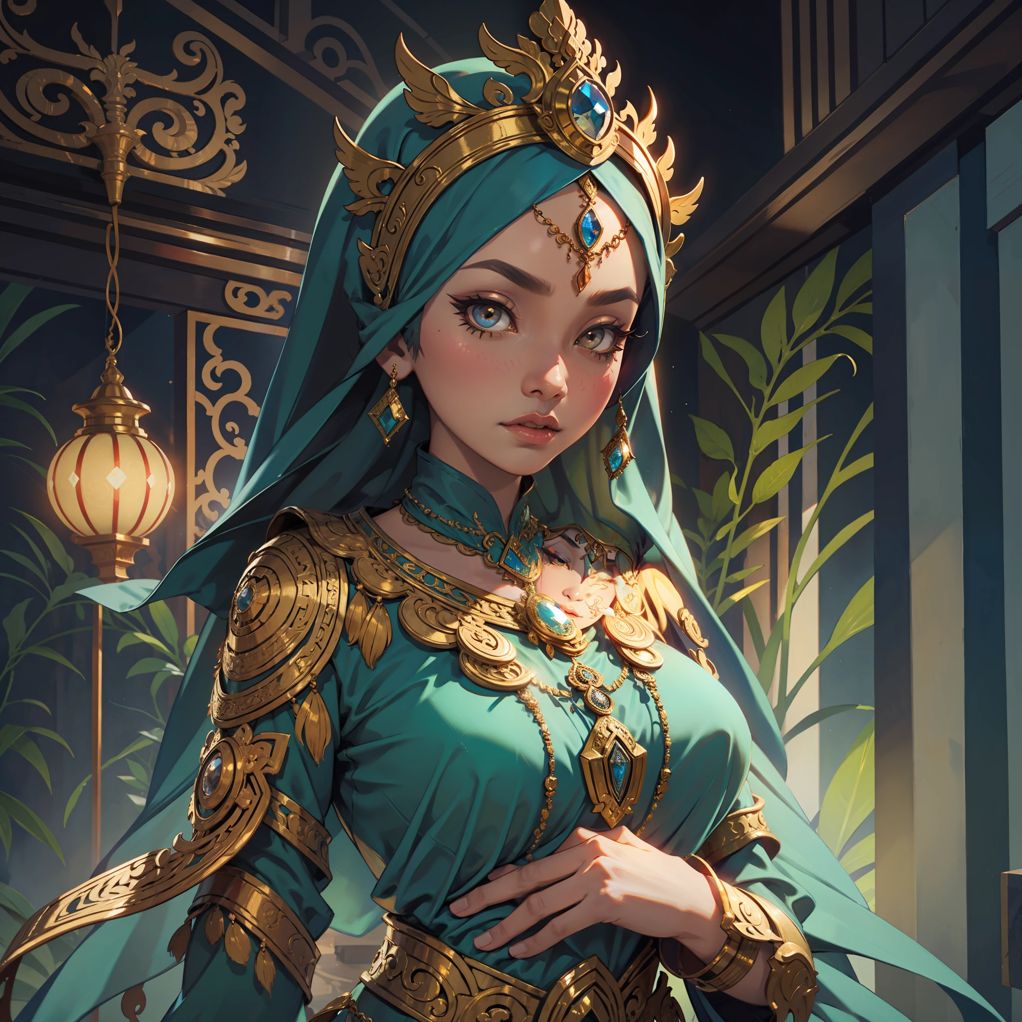 Javanese goddess, long hijab, long sleeve shirt, Javanese heritage background, great lighting,
