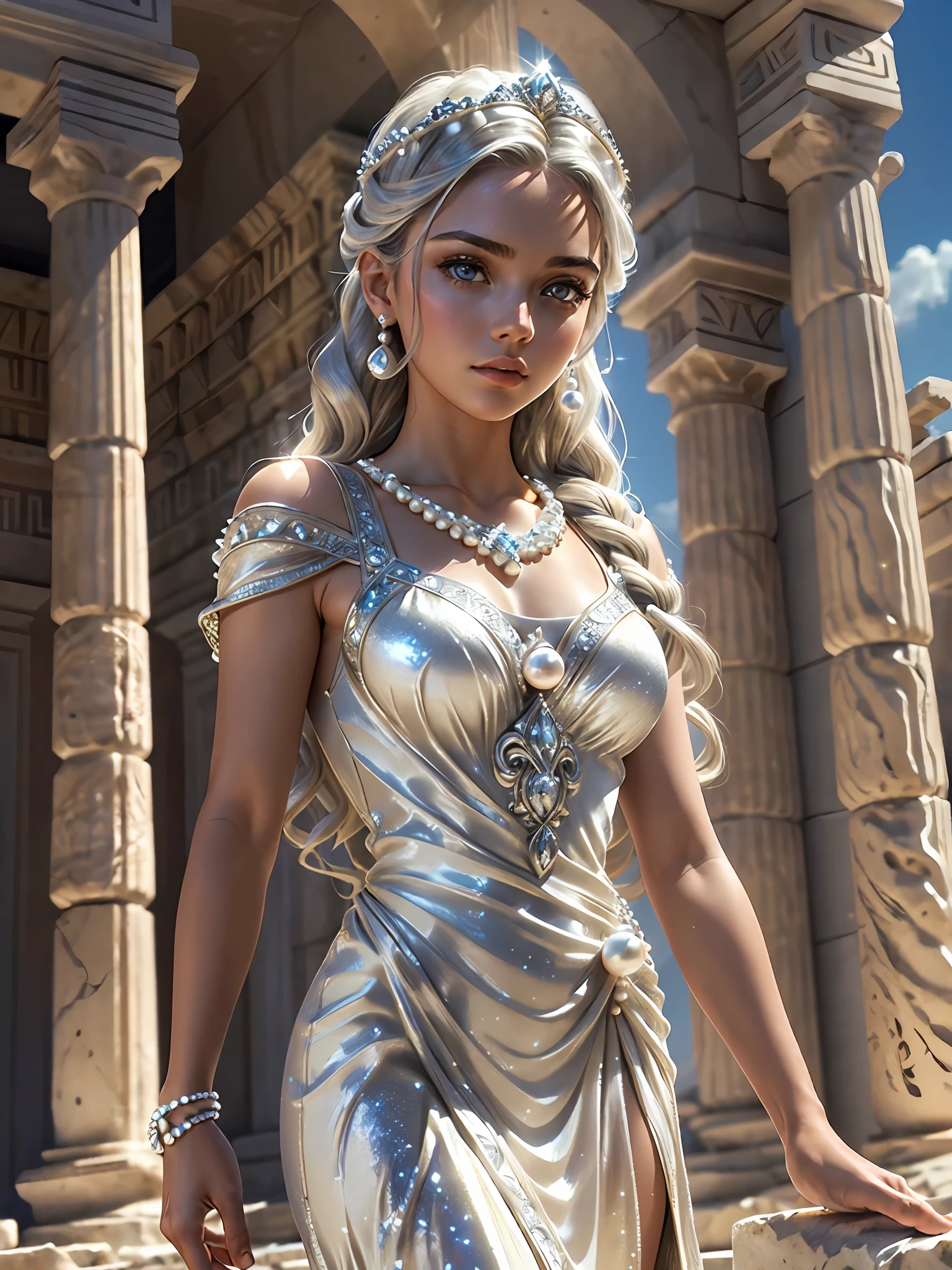 (masterpiece), (best quality), ((ultra-detailed)), (highly detailed analog style photo), natural lighting, photorealistic, extremely beautiful young lady in the marble rocks, dramatic pose, intricate detailed silver glittering ancient greek style pearl dress, shining, gloss, crisp, flirty, epic, focus, artistic, very bright, intricate hairstyle, pattern, bas-relief, cinematic shot