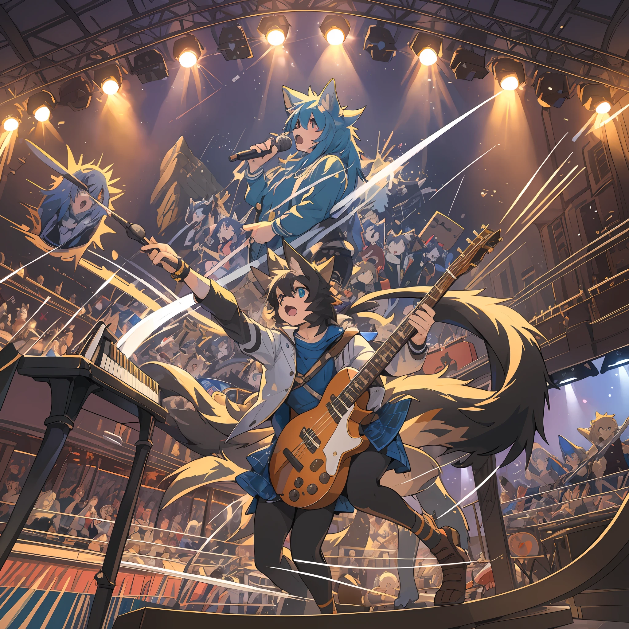 top quality, best quality, High-quality illustrations, masterpiece, super high resolution, detailed background, Rock Band Concerts, Musical instrument performance, Stage Performance, hot air, 6+boys, 6+girls, absurdres(highly detailed beautiful face and eyes)perfect anatomy, expression, good lighting, cinematic shadow(kemono, furry anthro)assorted poses(sound effects, motion blur),