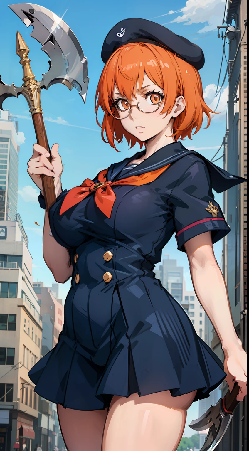 Big tits. Glasses. Orange eyes. Orange hair. Sailor's uniform. Magical girl. Weapon is an axe. Anime Girl. short hair. sailor's cap. anime style eyes. anime key visual. perfect pupil. solo.
