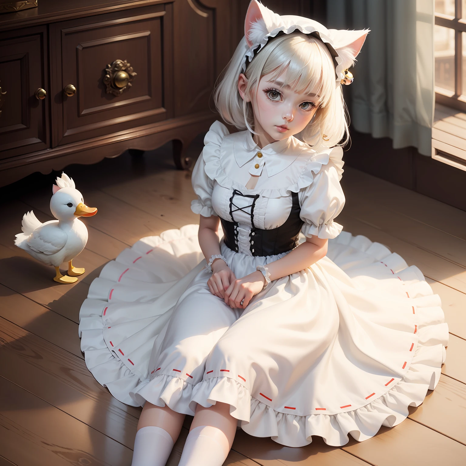Cat Lady Height 150Cm White Silk Maid Costume Duck Sitting White Fur with a bell collar
