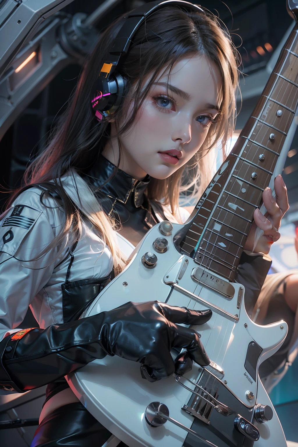 Bewitching woman in bodysuit　holding an electric guitar　stroking hair　Perfect beauty　Very white skin　Beautiful eyes　Glossy lips　head phone　Inside the spacecraft