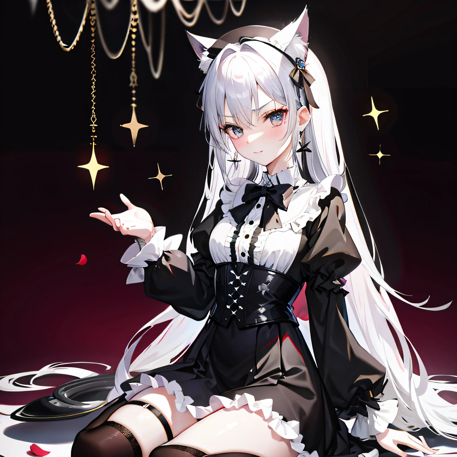 ta prostitute，Royal Sister，afloat，flying petal，Floating hair，White complexion、Sharply defined、Slender eyebrows、Deep eyes，Black slim-fit long-sleeved shirt、Black Loliigh-waist、obi strip、black over-the-knee socks、Silver-toned earrings，lace legwear、tigh-high boots、trinkets、hair adornments、neck chain、Bracelet，Falling streamers and debris，mystical ambiance。Masterpiece, Best quality, Refined face，ssmile, 8K, A high resolution, Super resolution,absurderes, A high resolution, Ultra detailed, elegant flourishes, and a sense of craftsmanship and skill,