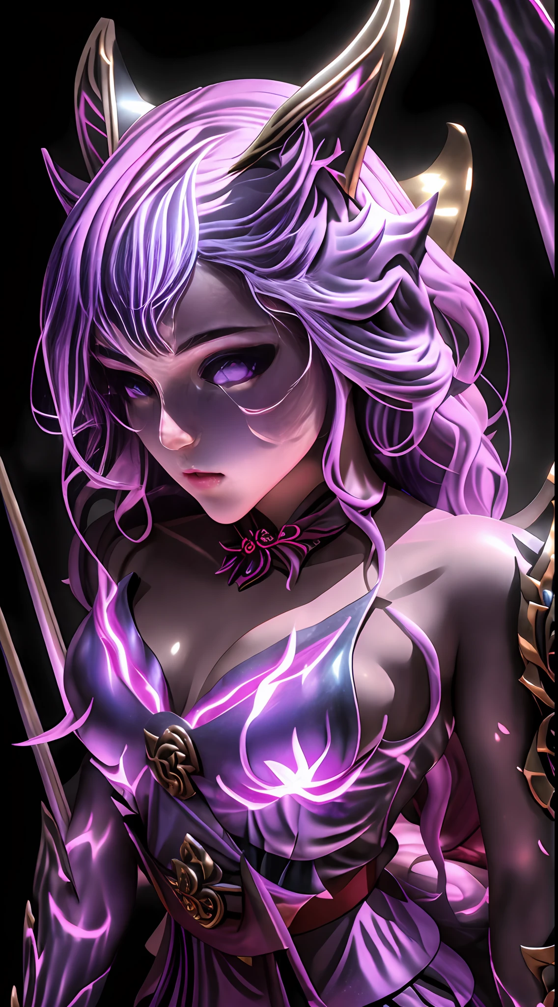 A sculpture of a dragon woman,There are sharp corners on the head,Metallic shine all over the body,The tail glows purple,3Drenderingof