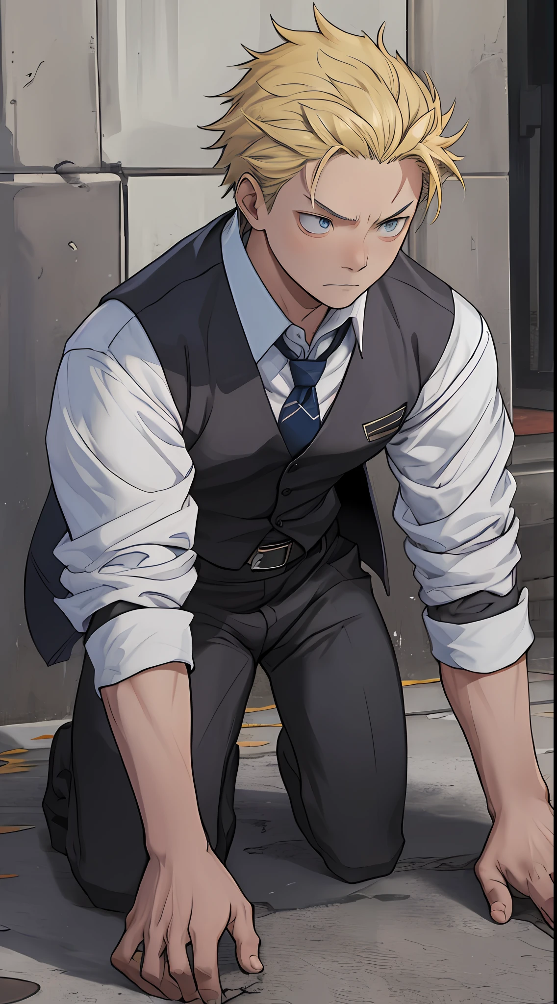(1 Adult male),A high resolution, Sharp focus, Pixiv masterpiece, ((Complicated details)), highly detailed, natsuki_subaru, 1 man,Defeat, crestfallen,full bodyesbian,kneels on the ground, (A gesture of pleading),blue color eyes(eyes glowing), Short yellow hair,white shirt,Wear a tie,Wear a belt,perspire,look from down