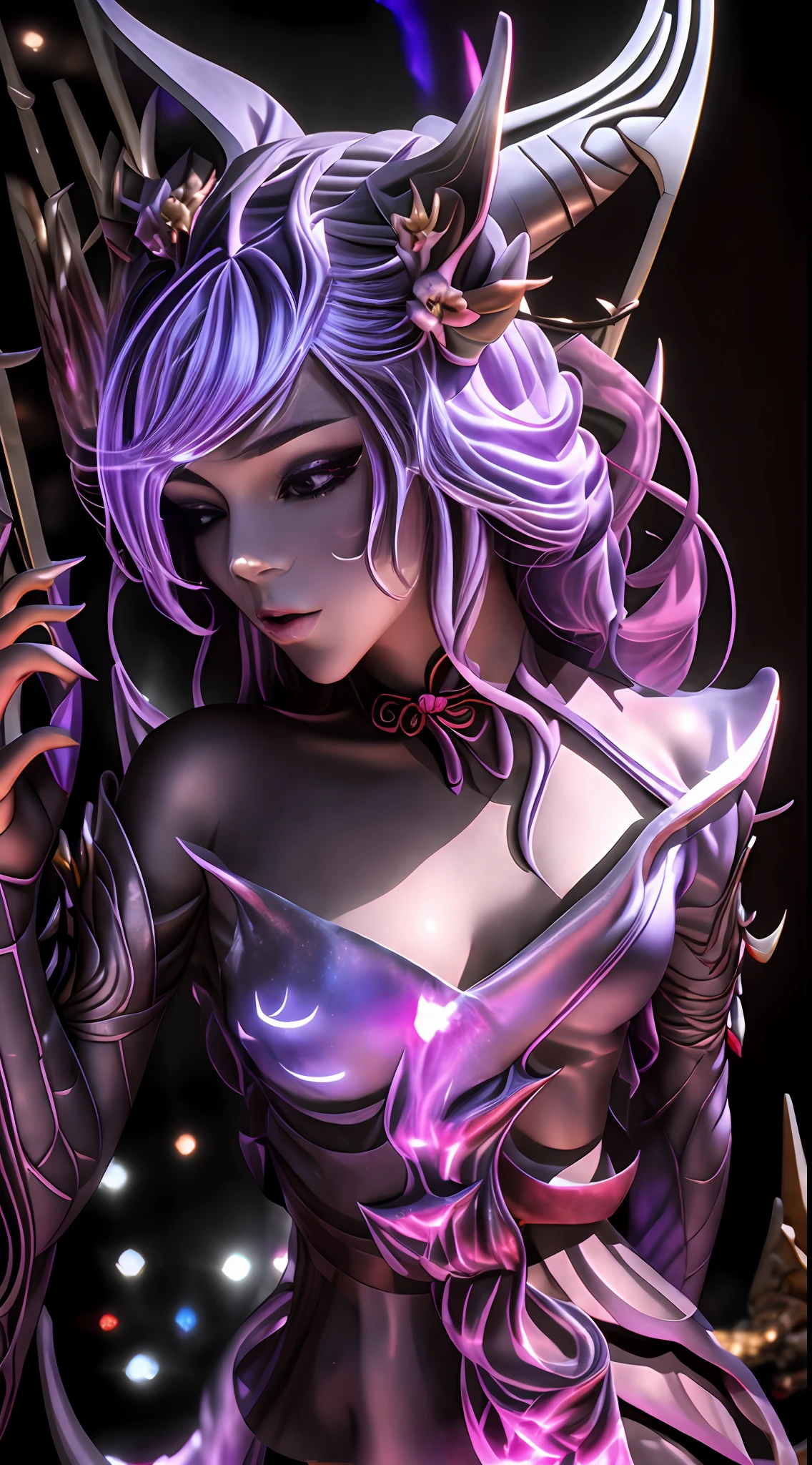 A sculpture of a dragon woman,There are sharp corners on the head,Metallic shine all over the body,The tail glows purple,3Drenderingof