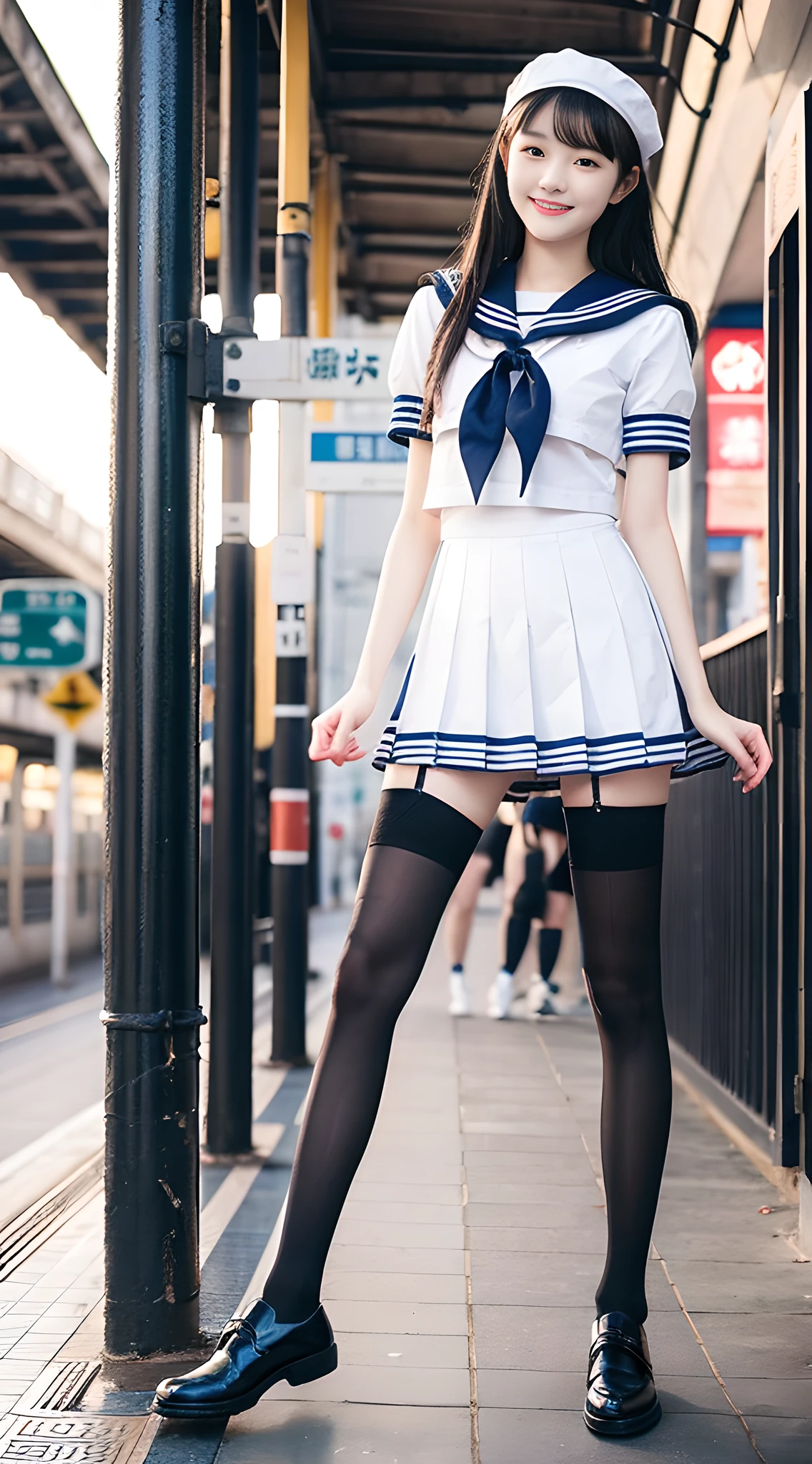 1girl, Cute, black-haired, 14 years old, Smile, Looks pure, Sailor Suit, Photography, Realistic, Best Quality, Detailed face, Full body, slender, Slender legs, Long legs, Wearing thigh-high socks, shoes on, station platform,