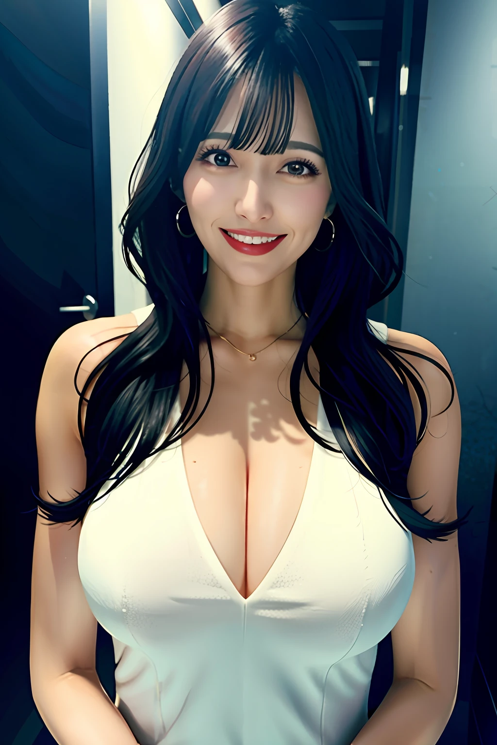 Woman in one piece with protruding shoulders、A dark-haired、I'm sticking out my chest、Emphasis on the chest、large full breasts、thin-waist、Big ass、Happy smile、a park