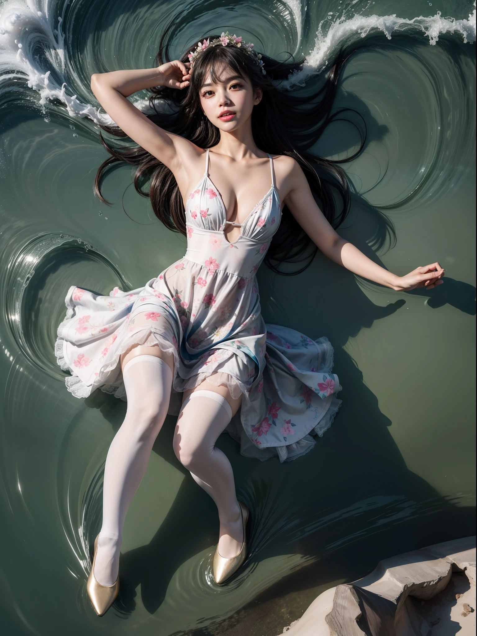 Splitting characters is prohibited,(Full body shot:1.3), Must show your face, anatomy correct, Dance in the sea,The breath of nature,Polished pointed-toe heels must be worn,Stocking tights are mandatory, Colorful floral ta dress, A shallow laugh, Complex and diverse backgrounds,Strangling effect,hyper HD, Ray traching, structurally correct, Award-Awarded, high detal, lightand shade contrast, Face lighting,cinmatic lighting, tmasterpiece, super detailing, high high quality, high detal, best qualityer, 16