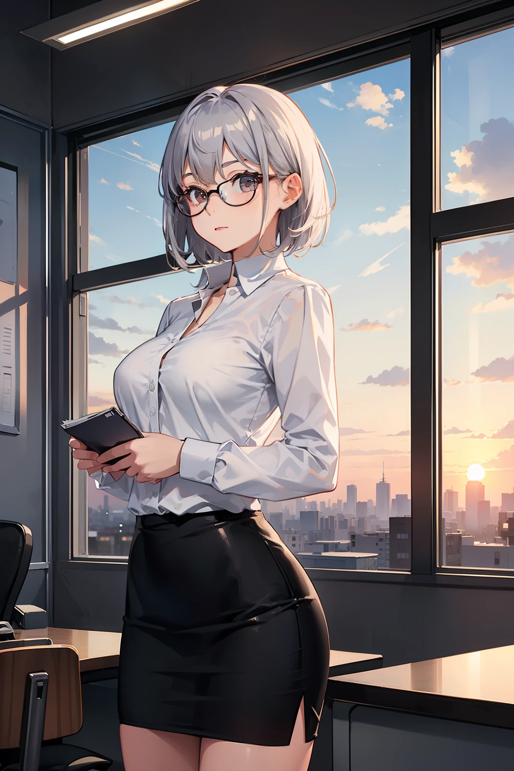 sunset, office, 1 girl, solo, glasses, white shirt, short black pencil skirt, half body model, short silver hair