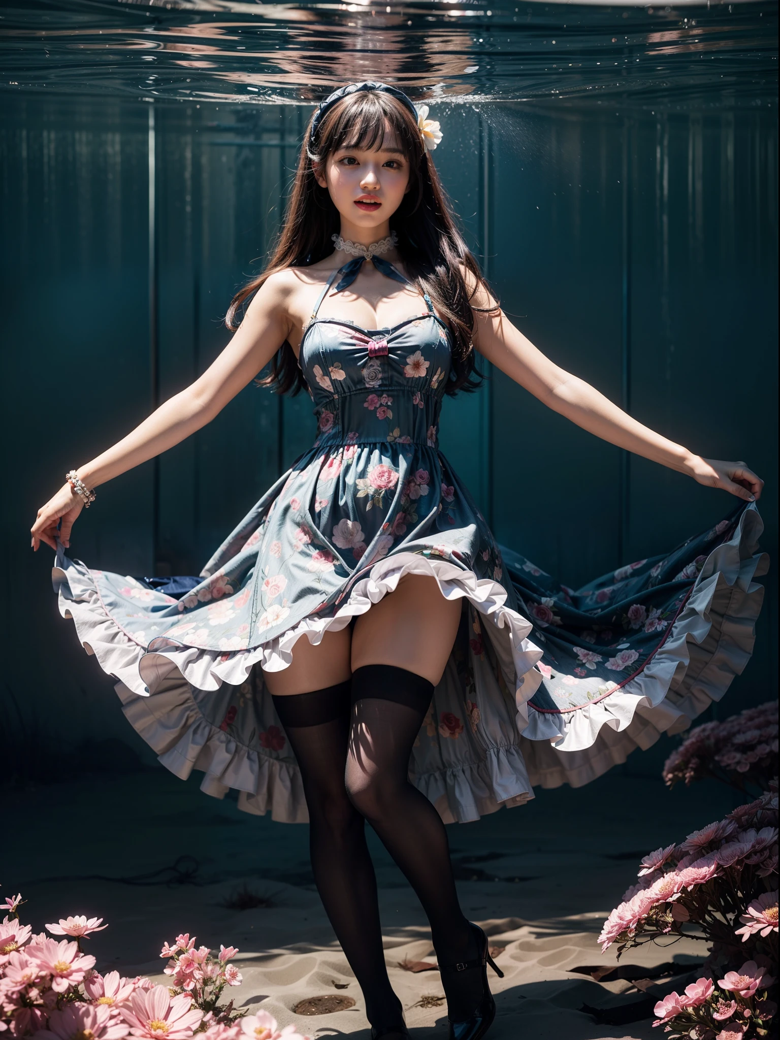 Splitting characters is prohibited,(Full body shot:1.3), Must show your face, anatomy correct, Dance in the sea,The breath of nature,Polished pointed-toe heels must be worn,Stocking tights are mandatory, Colorful floral ta dress, A shallow laugh, Complex and diverse backgrounds,Strangling effect,hyper HD, Ray traching, structurally correct, Award-Awarded, high detal, lightand shade contrast, Face lighting,cinmatic lighting, tmasterpiece, super detailing, high high quality, high detal, best qualityer, 16