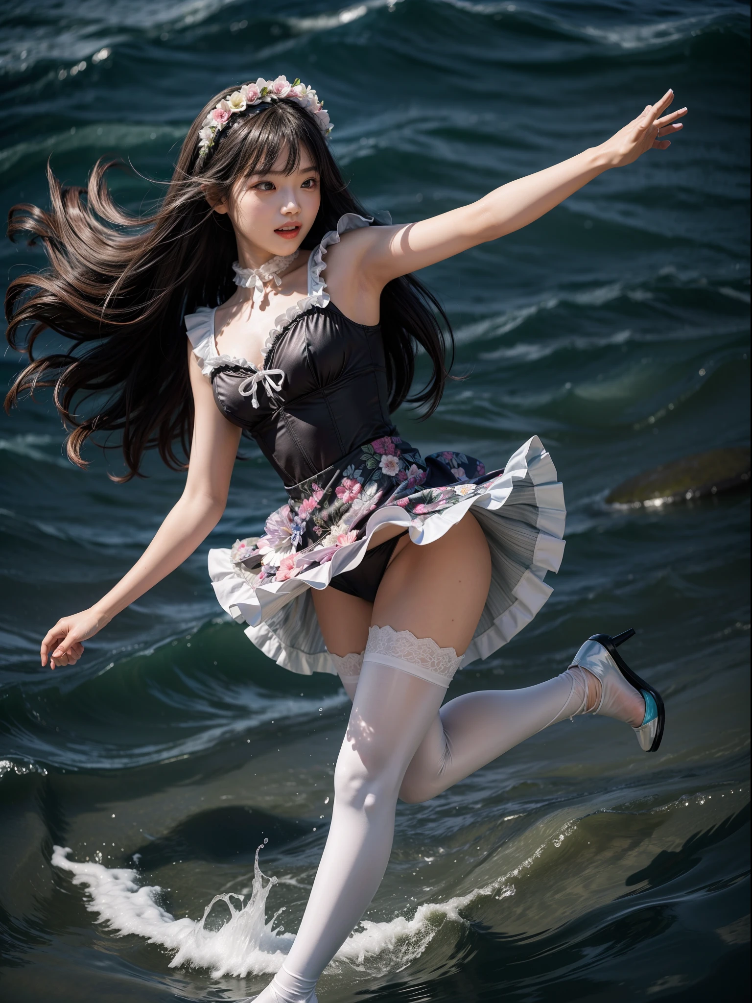 Splitting characters is prohibited,(Full body shot:1.3), Must show your face, anatomy correct, Dance in the sea,The breath of nature,Polished pointed-toe heels must be worn,Stocking tights are mandatory, Colorful floral ta dress, A shallow laugh, Complex and diverse backgrounds,Strangling effect,hyper HD, Ray traching, structurally correct, Award-Awarded, high detal, lightand shade contrast, Face lighting,cinmatic lighting, tmasterpiece, super detailing, high high quality, high detal, best qualityer, 16