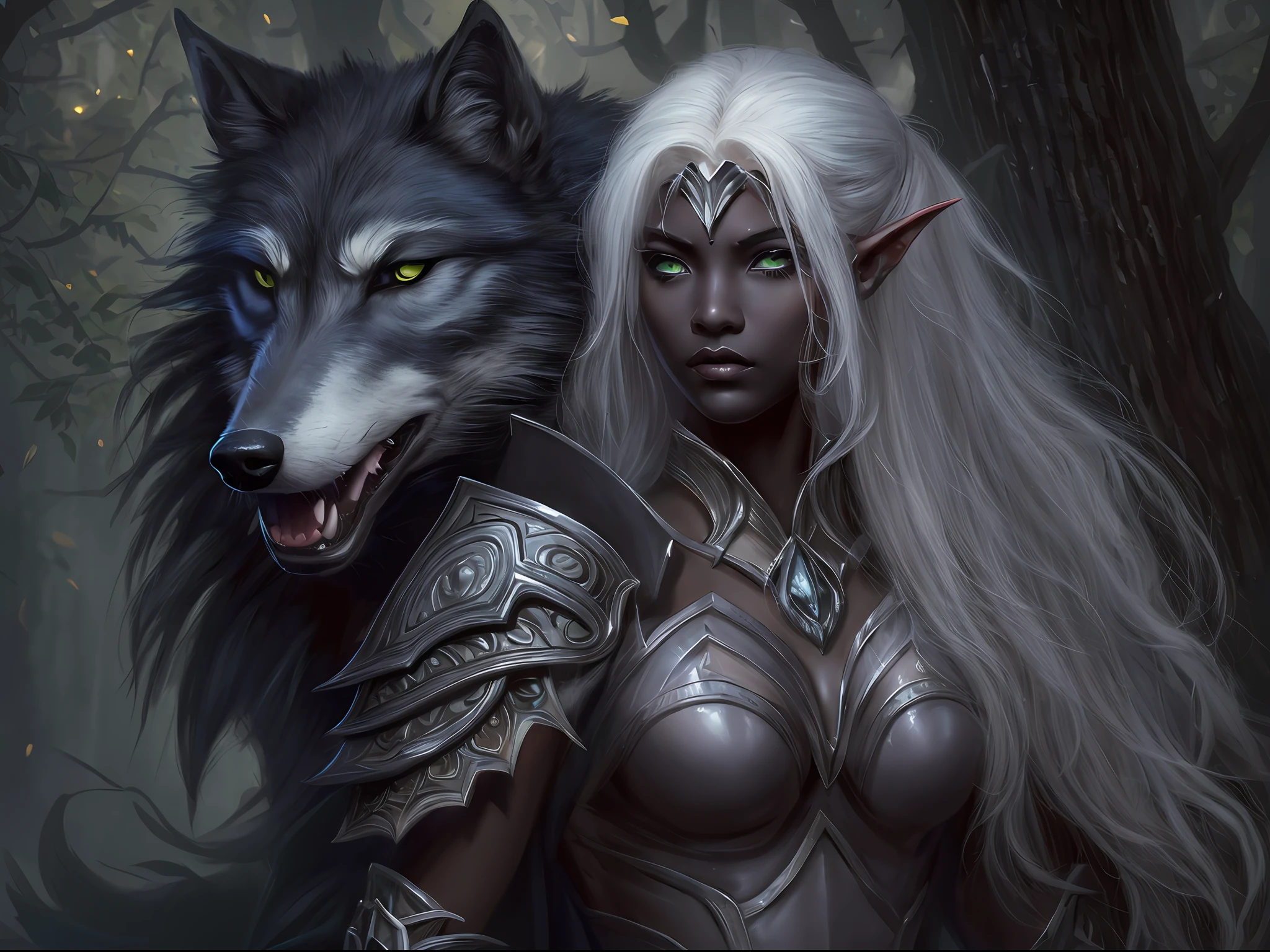 8k, ultra detailed, masterpiece, best quality, high details, best quality, highres, 1080P, 8K, full body, photorealism, anatomically correct, fantasy art, RPG art, epic female dark elf, drow elf (intense details, Masterpiece, best quality: 1.5), epic ranger (intense details, Masterpiece, best quality: 1.5), and her epic wolf companion, extremely beautiful drow elf, female elf (intense details, Masterpiece, best quality: 1.5), ultra detailed face, small pointed ears, black skin, white hair, long hair, braided hair, green eyes (intense details, Masterpiece, best quality: 1.5), intent look, wearing light armor (intense details, Masterpiece, best quality: 1.5), brown armor, wearing black cloak (intense details, Masterpiece, best quality: 1.5),,  armed with long sword (intense details, Masterpiece, best quality: 1.5), high quality, magical sword (intense details, Masterpiece, best quality: 1.5), with magical sigils,  big grey wolf, epic grey wolf, night time, moon light, stars, fantasy dark forest, trees, sense of fear,