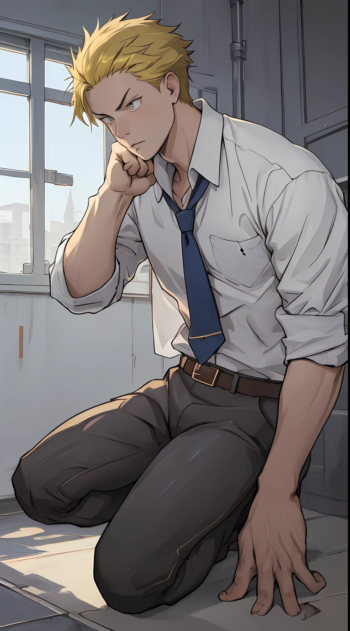 (1 Adult male),A high resolution, Sharp focus, Pixiv masterpiece, ((Complicated details)), highly detailed, natsuki_subaru, 1 man,Defeat, crestfallen,full bodyesbian,kneels on the ground, (A gesture of pleading),blue color eyes(eyes glowing), Short yellow hair,white shirt,Wear a tie,Wear a belt,perspire,look from down