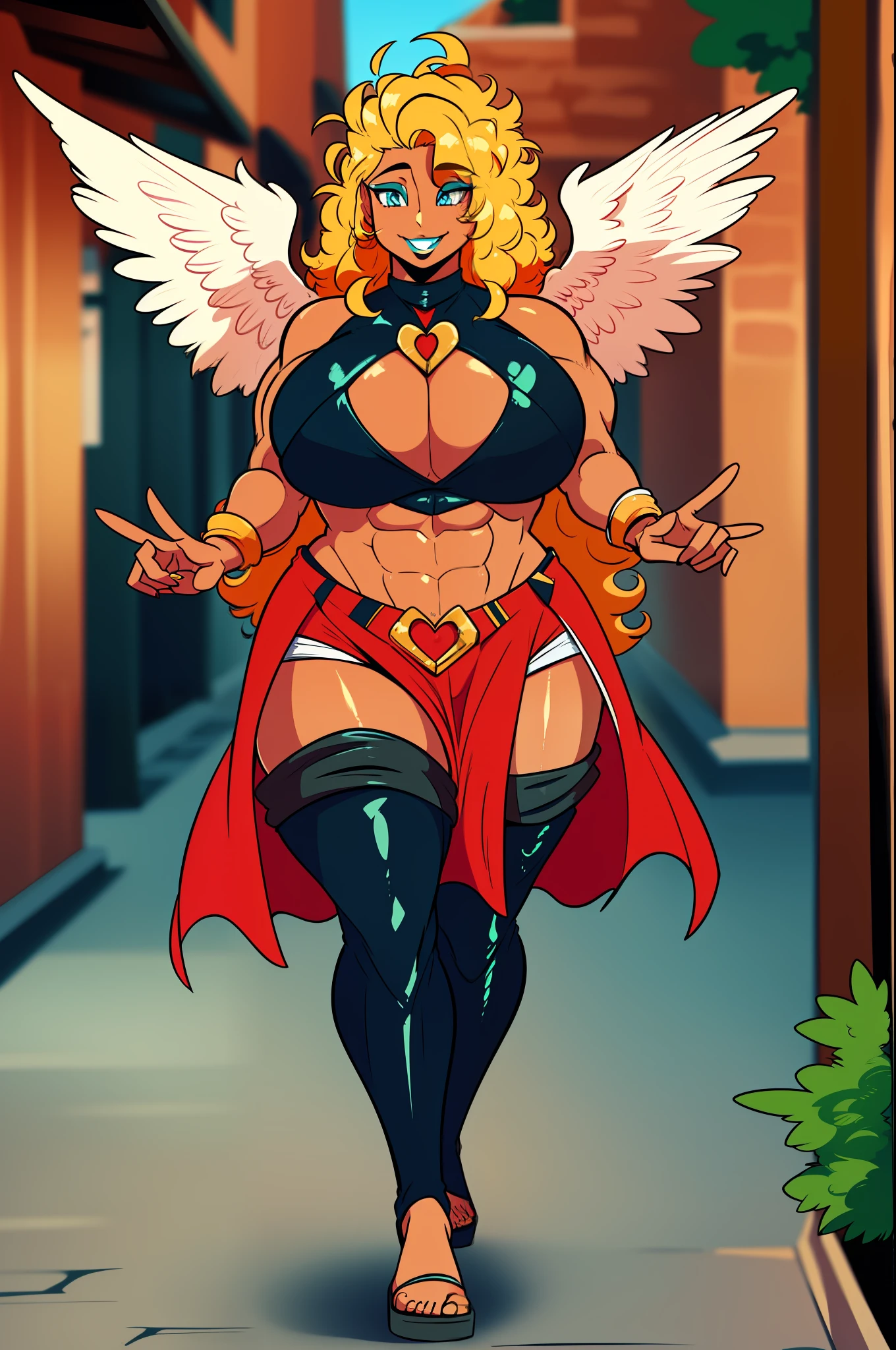 blond hair, sexy hair, muscle girl huge breast, revealing cloths, darkskinned-female, makeup, red lips, bimbo, angel, cupidon, long dress, walking, angel wings, pants, , flip flops, smile, medieval village