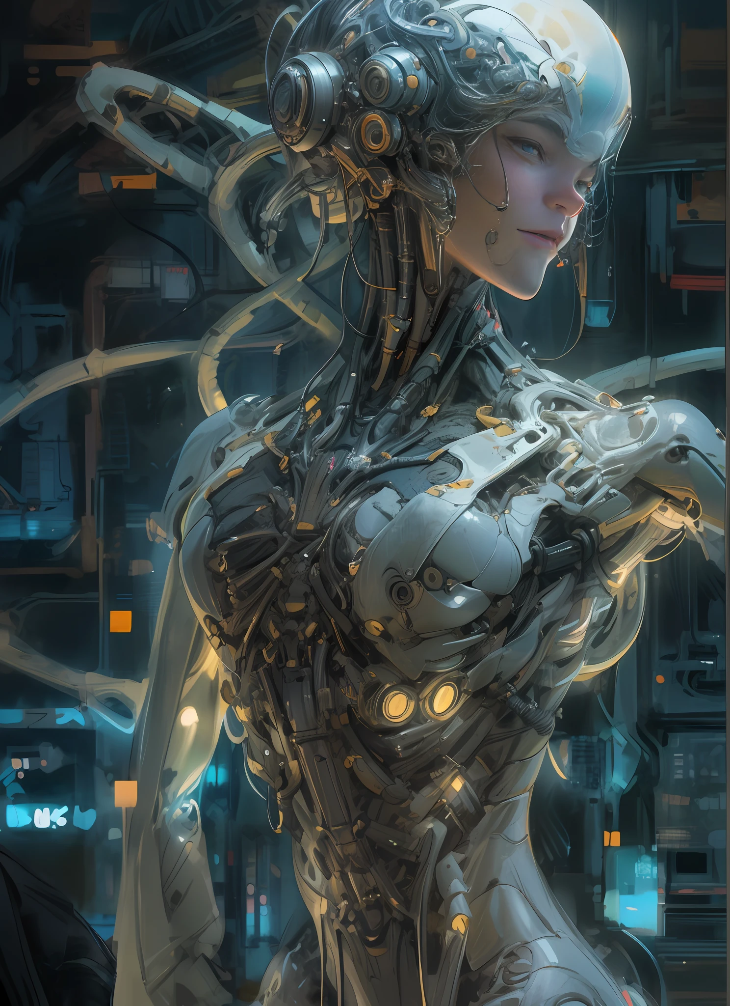 Top Quality, Masterpiece, Ultra High Resolution, ((Photorealistic: 1.4), Raw Photo, 1 cyberpunk android Girl, ((portrait)), Glossy Skin, (Ultra Realistic Details)), mechanical limbs, tubes connected to the mechanical parts, mechanical vertebrae attached to the spine, mechanical cervical attachment to the neck, wires and cables connecting to the head, Evangelion, ((Ghost in the Shell)), small glowing LED lamps, global lighting, deep shadows, Octane Rendering, 8K, Ultra Sharp, Metal, Intricate Ornament Details, baroque details, Very intricate details, realistic light, CGSoation trend, facing the camera, neon details, (android manufactory in background), art by H.R. Giger and Alphonse Mucha.