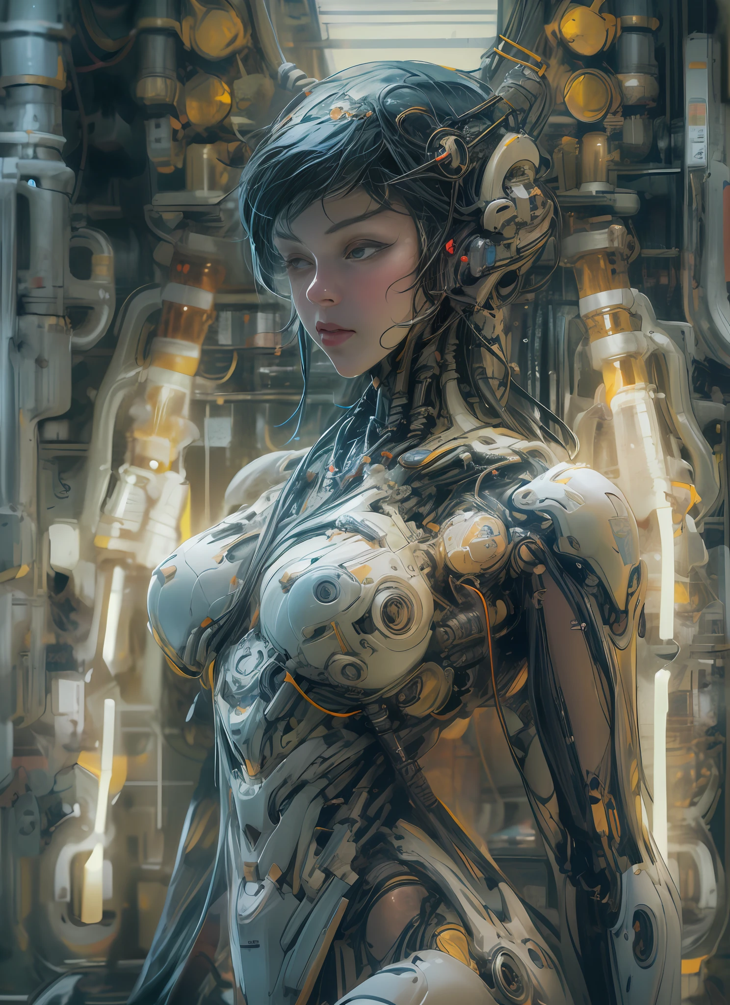 Top Quality, Masterpiece, Ultra High Resolution, ((Photorealistic: 1.4), Raw Photo, 1 cyberpunk android Girl, ((portrait)), Glossy Skin, (Ultra Realistic Details)), mechanical limbs, tubes connected to the mechanical parts, mechanical vertebrae attached to the spine, mechanical cervical attachment to the neck, wires and cables connecting to the head, Evangelion, ((Ghost in the Shell)), small glowing LED lamps, global lighting, deep shadows, Octane Rendering, 8K, Ultra Sharp, Metal, Intricate Ornament Details, baroque details, Very intricate details, realistic light, CGSoation trend, facing the camera, neon details, (android manufactory in background), art by H.R. Giger and Alphonse Mucha.