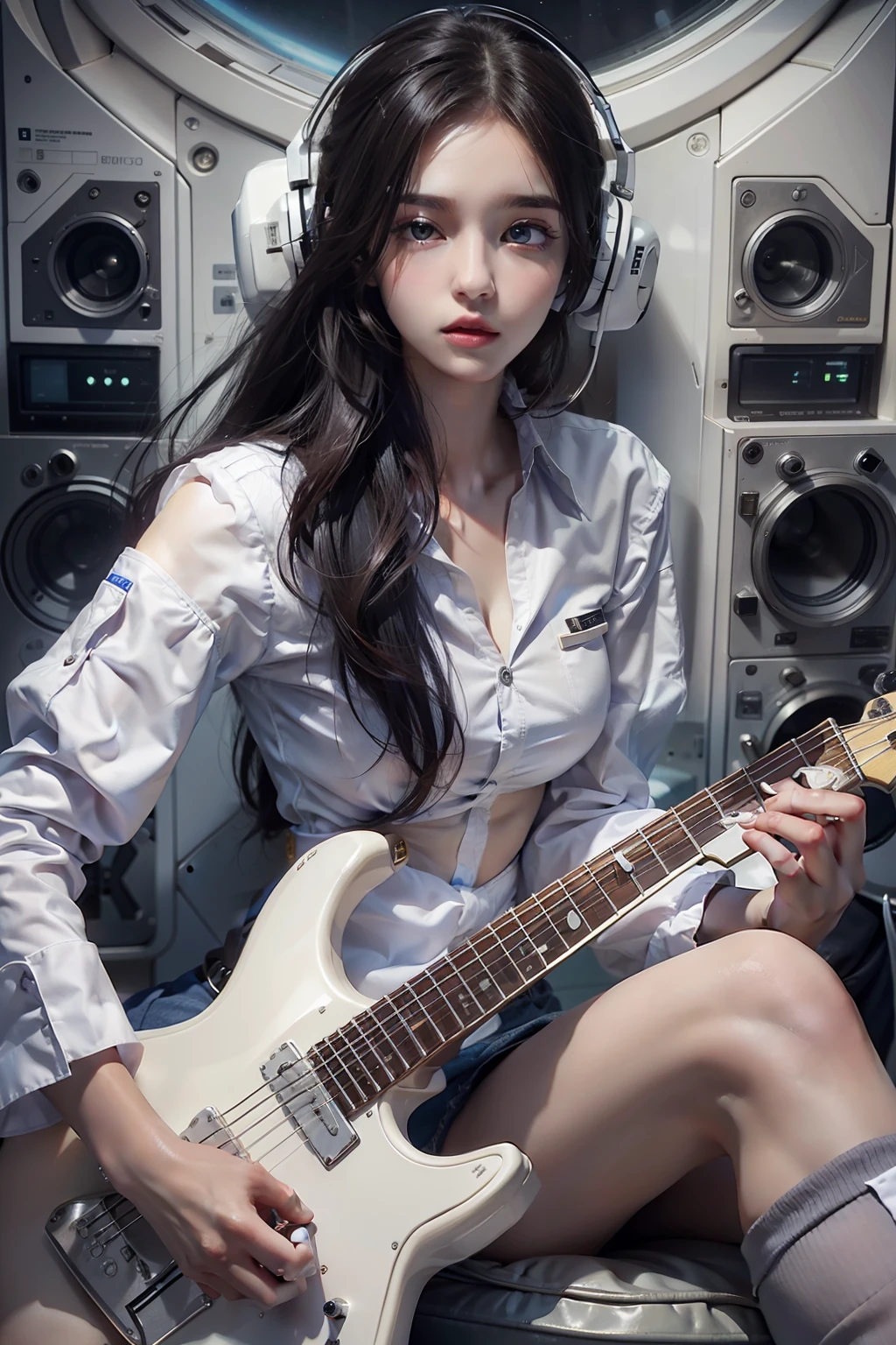 Enchanted woman holding an electric guitar　Perfect beauty　Very white skin　Beautiful eyes　Glossy lips　Sitting with legs kicked up　long-sleeveＴwearing a shirts　Stimulating　head phone　Inside the spacecraft
