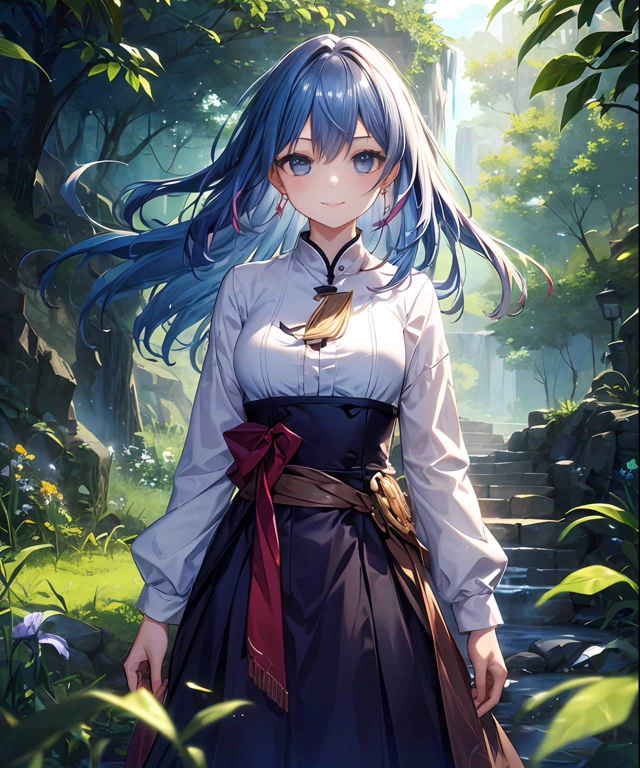 (​masterpiece、top-quality)、frontage、独奏、1girl in、lightly dressed、is standing、Hands folded behind your back、amidst nature、A smile、The long-haired、Blue hair、Hair flutters in the wind、with light glowing、Windy、Adult、