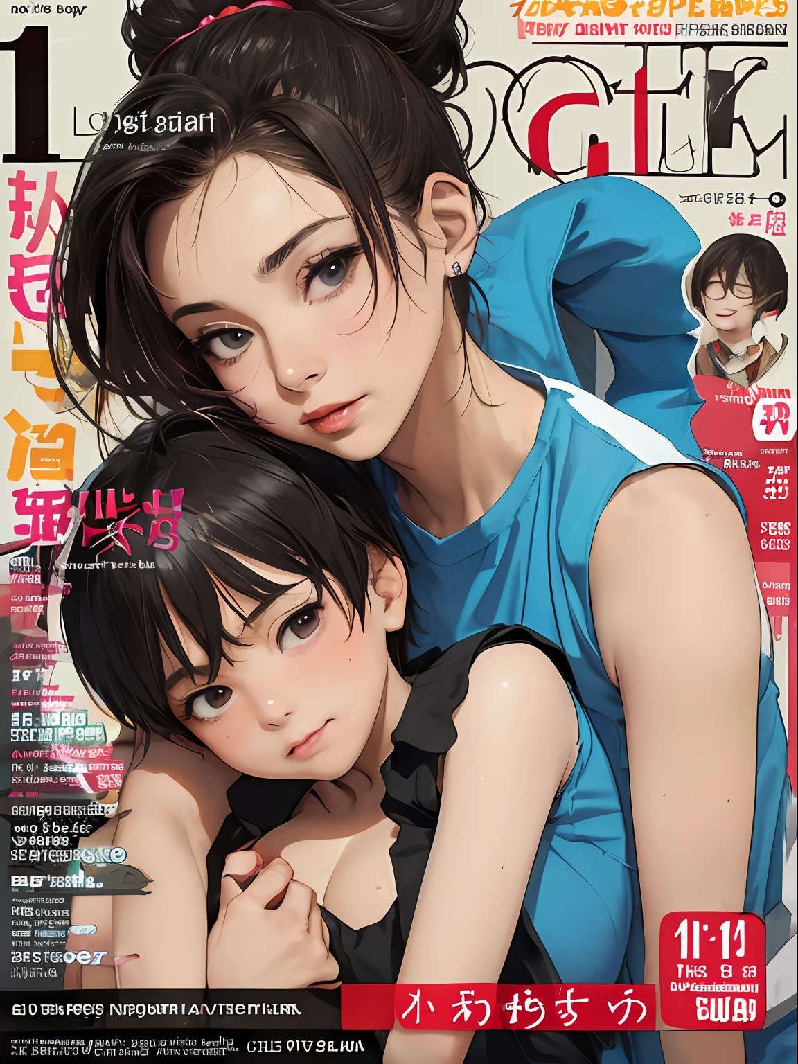 (colorful adult Magazine cover with lots of text)，(close-up:1.2)，pajamas， 1girl，Grasp by hand，(mother and son:1.5)，(kiss:1.2)，(A ten-year-old boy:1.4)，(hug)，(1boys:1.6)，{26-year-old lactating woman},drunken eyes,Side Chest,open at the chest,disproportionate breasts,  standing up,(sweat:1.3),((Sleeveless,sensual low-necked , open neckline:1.3)),{hairbuns，Women's hairstyle}, (areola:1.4)，Ultra-fine face, detailed eye, Double-fold eyelids，ssmile，pervert