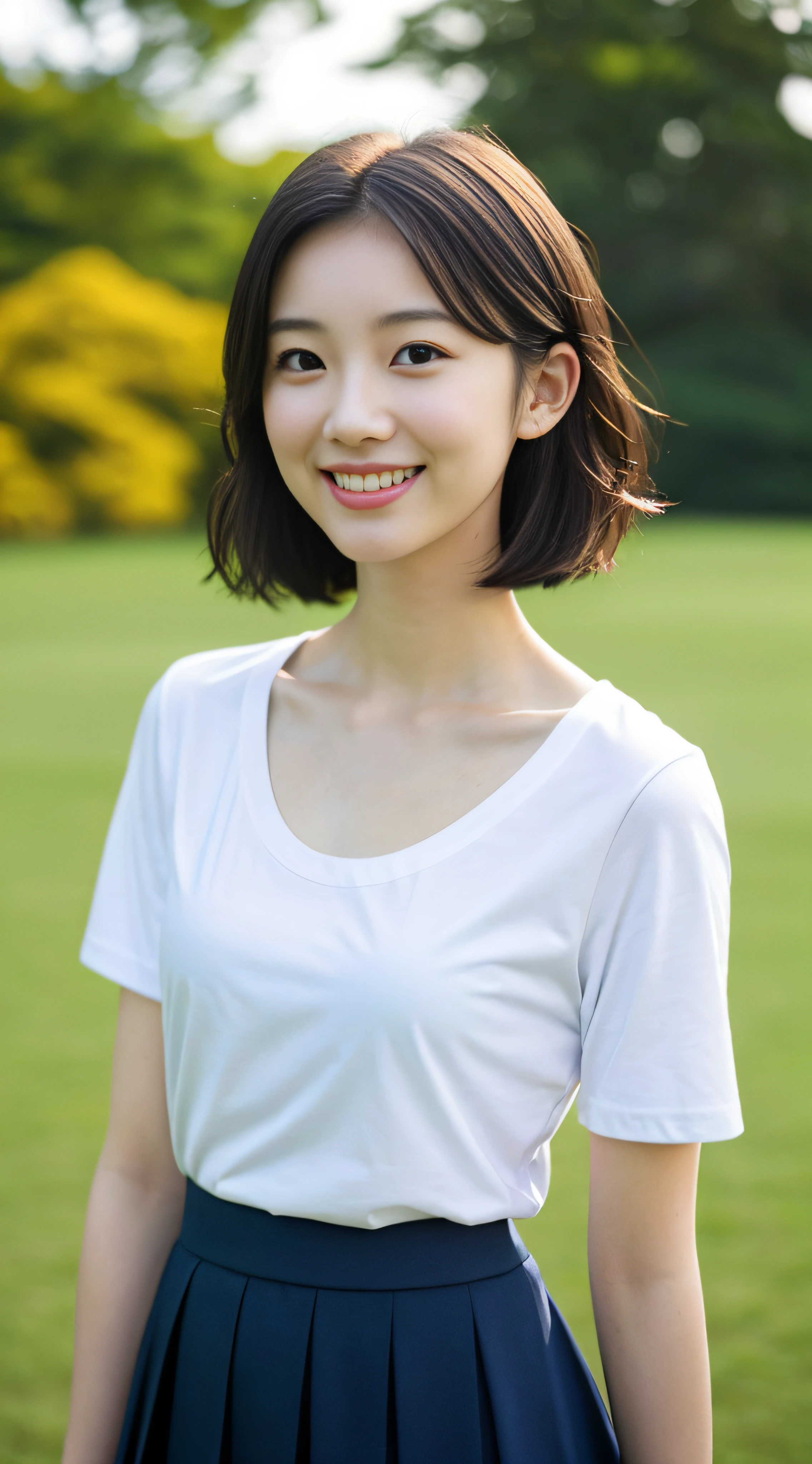 neat college girl、(white t-shirts、The skirt is dark blue、shortsleeves)、Outside the field、(Slimed)、Photorealsitic、detaileds, Skin Texture, ultra-detailliert、Delicate and sexy collarbone、A smile、Super Detailed Face、Detailed lips、A detailed eye、二重まぶた、tiny chest、Smaller chest、small tit、Small、flat breast、Chest emphasis、Delicate body