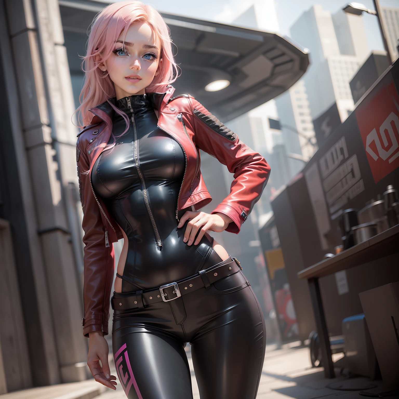 leather jackets　body suit　leather pant　１６Year old girl　blue eyess　Excellent style　Beautuful Women　top-quality　​masterpiece　超A high resolution　Ultra-fine skin　A smile　cyberpunked　a blond　Pink hair