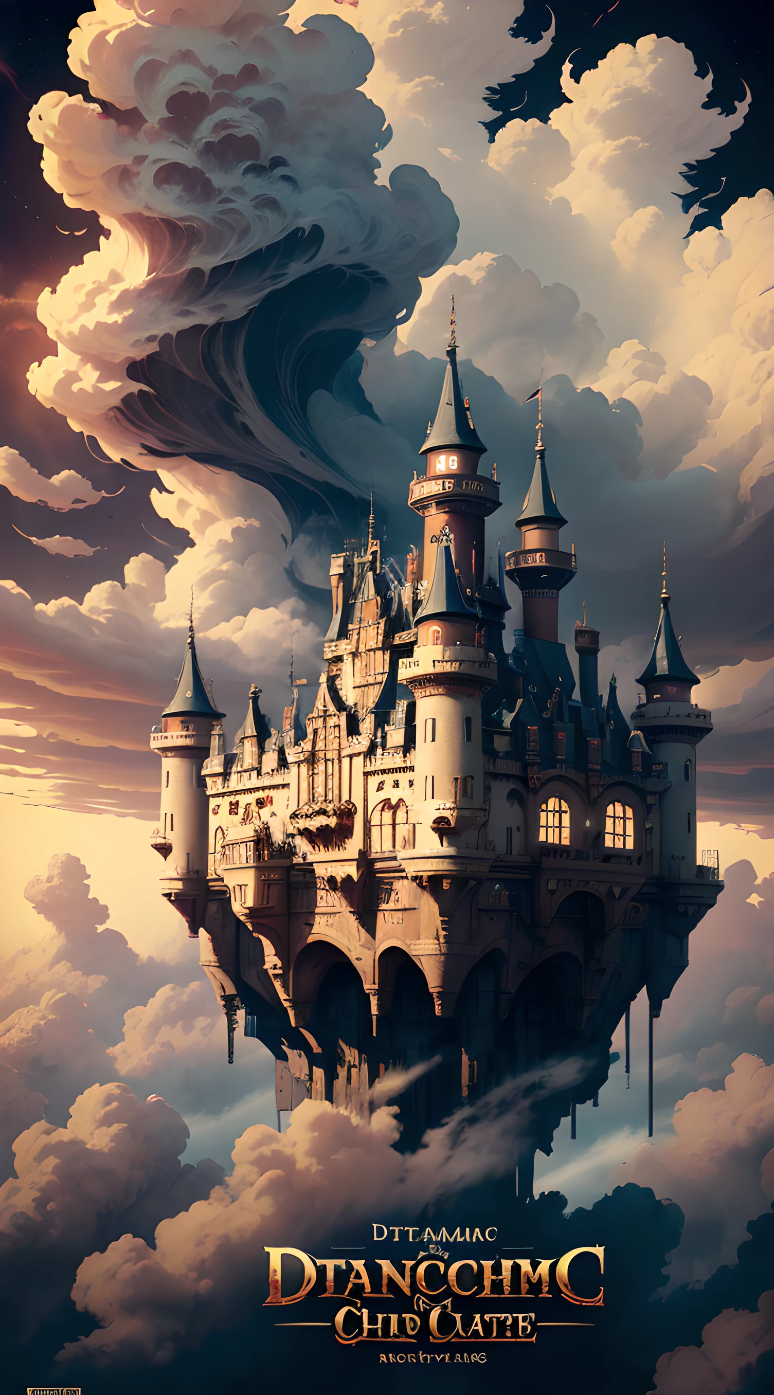 (((dramatic))), (((intense))) film poster, portrait of an epic floating steampunk castle detached from the land, (in the clouds:1.3), night time, demonic fantasy, crisp image, 8k resolution, text, cover, bold, dynamic and visually striking appearance attention-grabbing, title, stylish, font, catchy, headline, larger, striking, modern, trendy, focus, fashion
