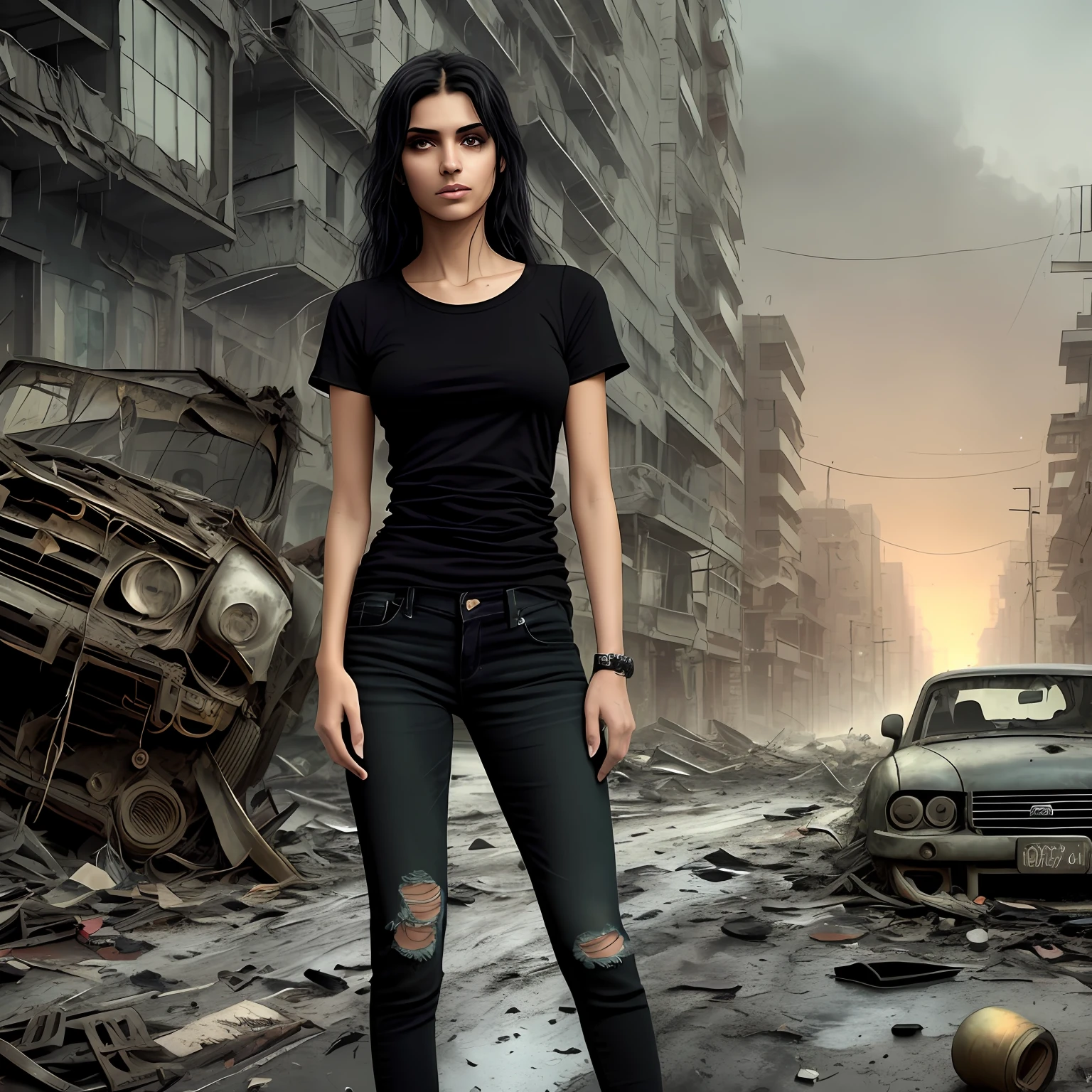 end of the world, (hdr:1.1), (muted colors:1.3),(broken rusty car:0.8), (shards of glass:0.3), (books on earth:0.3), car wreckage, correct scale, apocalypse, abandoned, neutral colors, night, screen space refractions, (intricate details), (intricate details, hyperdetailed:1.2), artstation, cinematic shot, vignette, complex background, buildings, snowy, (solo middle eastern 20 years old girl), wearing a (Black baggy plain tee-shirt, long length tee-shirt, skinny damage long jeans, :1.5), walking cross legs, straight-on,seductive smile,long dark wavey hair,(full body:1.1), (cyberpunk background:1.2), outdoors,
(rain:1.1, wet street) ,(medium breasts, bouncing breasts, no bra), basic black long length tee-shirt, short sleeves tee-shirt, wristwatch, very beautiful arabian girl, ankle fit damage tight jeans, jewelry, detailed very beautiful feet's, long heel's, full body shot.
