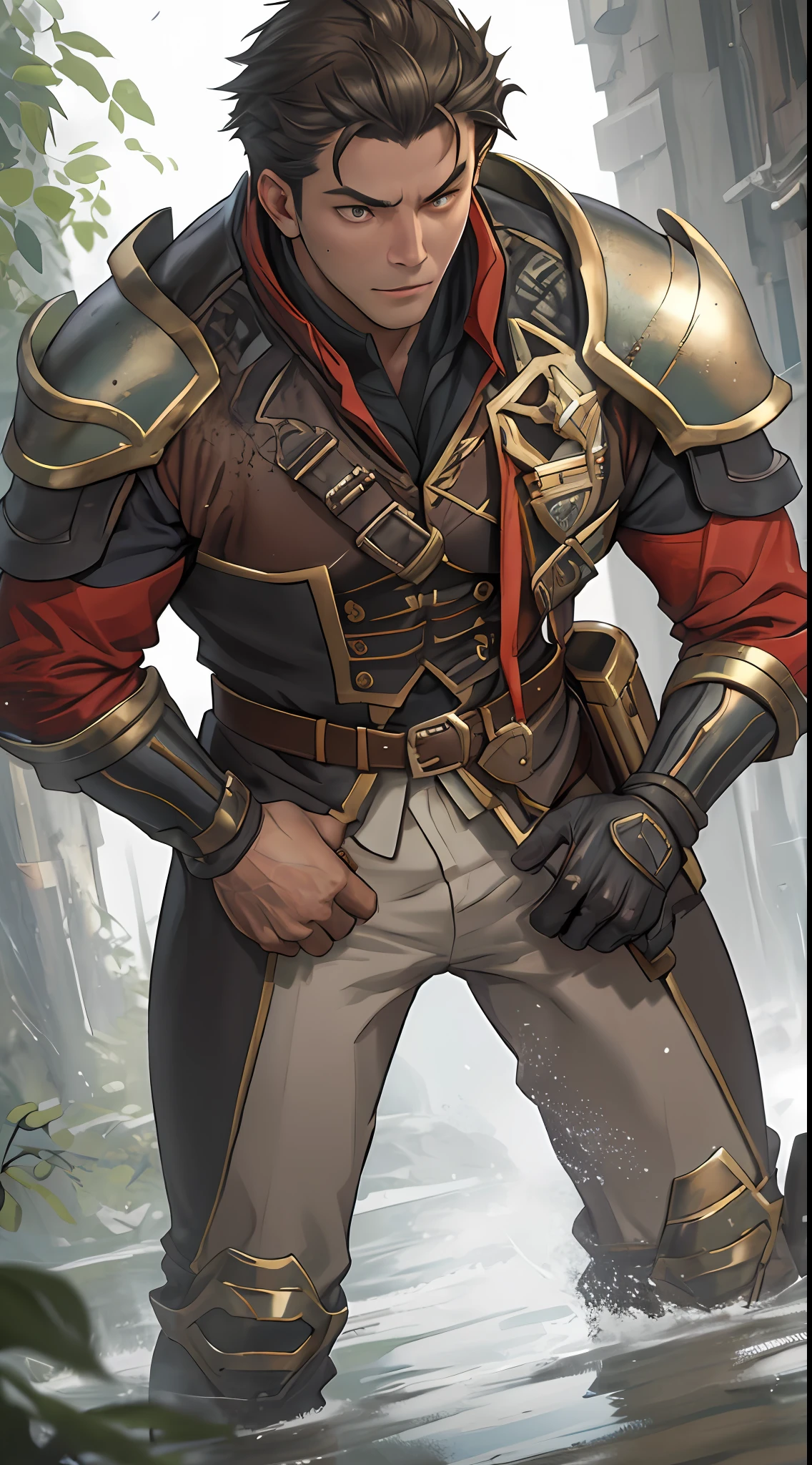 tmasterpiece，best qualityer，illustratio，Realisticstyle，photo realistic style，detail in face，offcial art，Movie lighting，1male people，Combat uniforms and armor，sitted，Close-up of the crotch，Crotch view，Drenched，Get wet， solo ，handsome，virile，Handsome face，[[[［musculature］，Short hair，gold eyes，looking at viewert