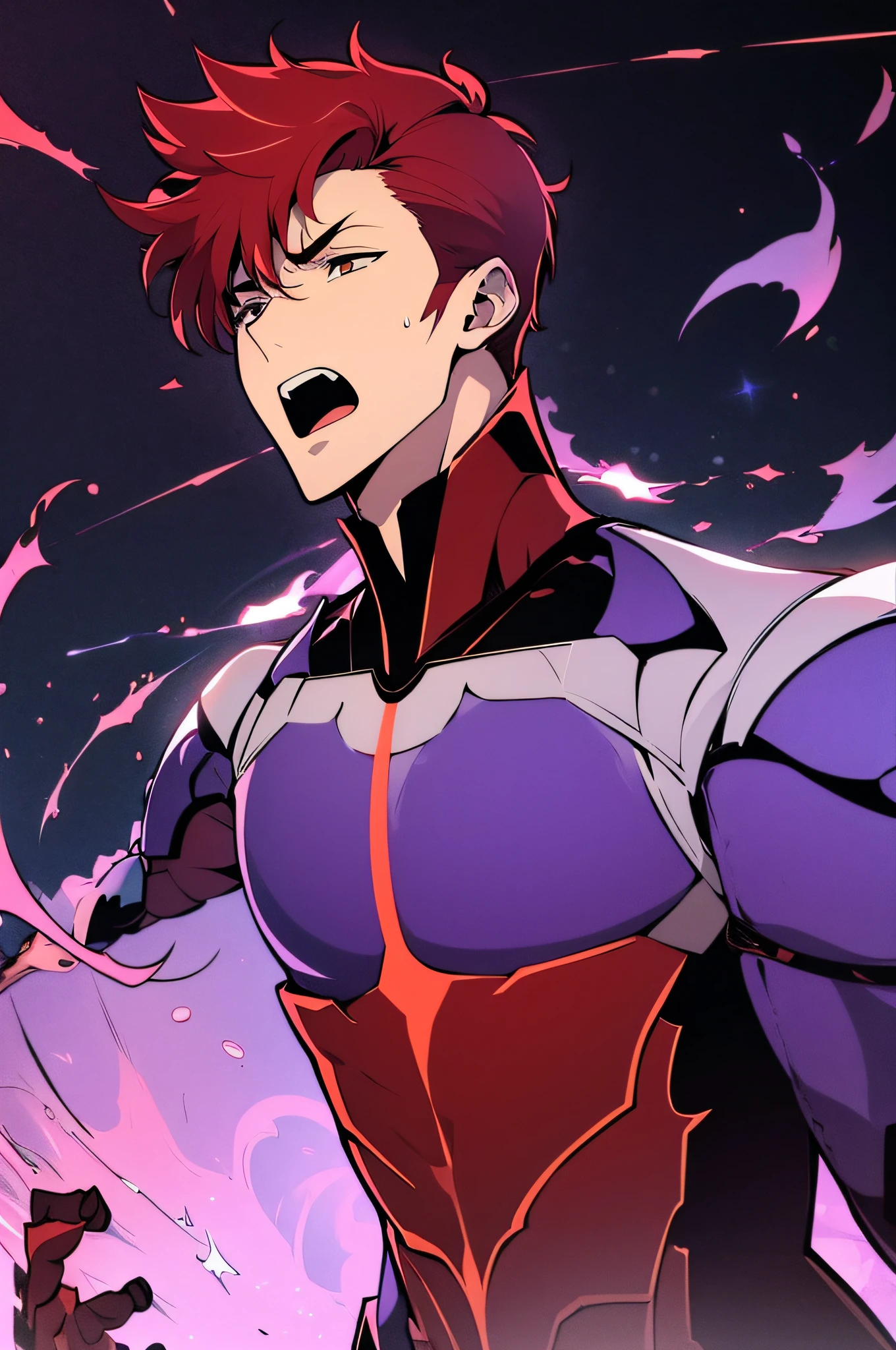 (1boy)),solo leveling, ((red haired)), highres,high quality,realistic, masterpiece,has a purple aura outside his clothes, wearing a red,costume, l, angry ,badas, perfect fingers,face to face,close mouth