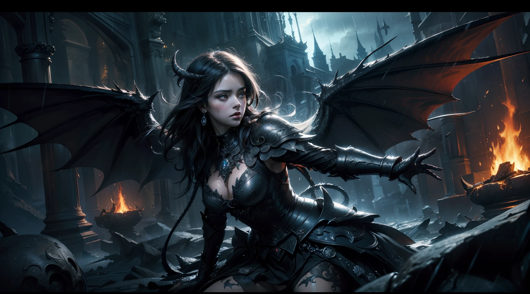(Masterpiece:1.21), (Best quality:1.331), ((Ultra-detailed)), ((extremely best illustration)), ((Amazing)), (hyper qualit), Gorgeous and rich graphics, (Extremely delicate and beautiful:1.21), 8K, the wallpaper, (extremely beautiful lighting), hard light, Delicate composition, (Perfect positioning), (extremely beautiful and detailed background:1.21), Rembrandt style expression of light and shadow, Dark tone, (low tune, High differential color levels), ((Depth of field)), deepshadow, Radial blur, rain, (The background is blurred out), (1 Female demon),(Beautiful detailed eyes), Black wings,((half-body shots)),Large breasts,Complex leather armor,Glowing sword,with a volcano in the background,magma,Huge meteors