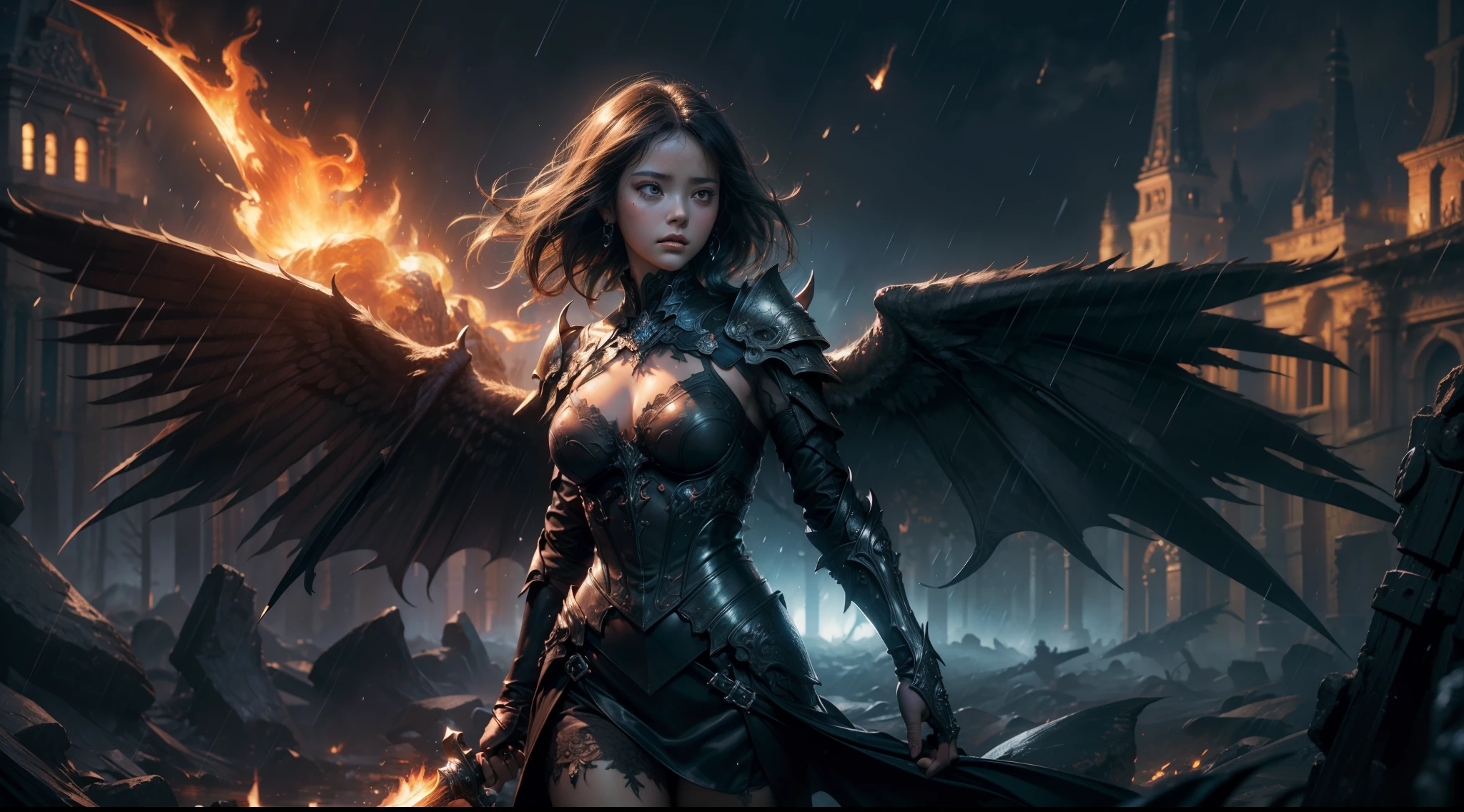 (Masterpiece:1.21), (Best quality:1.331), ((Ultra-detailed)), ((extremely best illustration)), ((Amazing)), (hyper qualit), Gorgeous and rich graphics, (Extremely delicate and beautiful:1.21), 8K, the wallpaper, (extremely beautiful lighting), hard light, Delicate composition, (Perfect positioning), (extremely beautiful and detailed background:1.21), Rembrandt style expression of light and shadow, Dark tone, (low tune, High differential color levels), ((Depth of field)), deepshadow, Radial blur, rain, (The background is blurred out), (1 Female demon),(Beautiful detailed eyes), Black wings，（（half-body shots）），Large breasts，Complex leather armor，Glowing sword，with a volcano in the background，magma，Huge meteors