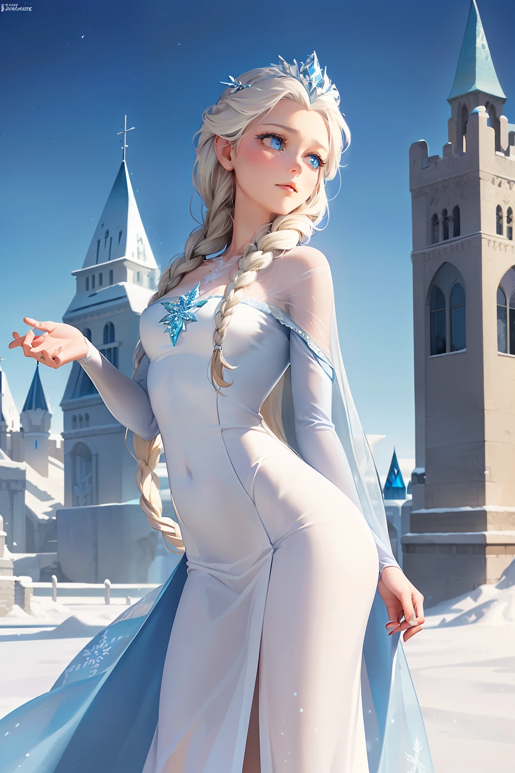 ice queen、Beautuful Women、(Long bundled into beautiful braids(blonde  hair；：1、2)）、White skin is beautiful、Ice Long Dress、beautiful nordic woman、Beautiful blue eyes、Queen of snow、Ice Castle、(Queen Elsa)、(Frozen)、Beautiful golden hair、beautiful countenance、Lonely expression、Full body angle