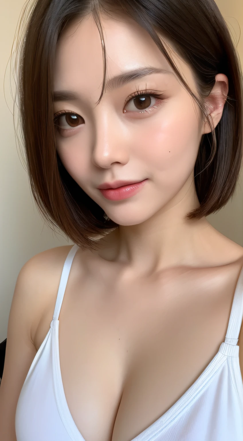 ((Best picture quality, 8K, tmasterpiece:1.3)), 1girll, Beautiful woman with slender abs:1.3, (Casual hairstyle, :1.2), Low-cut bra，Super large，The skin is very white，Ultra-fine face, A detailed eye, 二重まぶた，ssmile。Take pictures in cute poses，The figure is very bad，tiny small waist，Super big breasts，Close-up，Close-up chest，White-skinned，The background is casual，Close-up Shot Shot