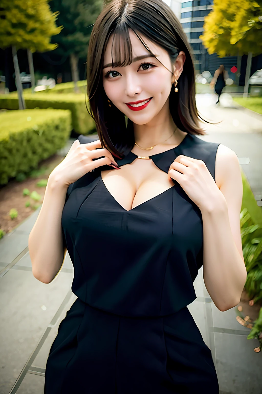 Woman in sexy black dress with emphasis on breasts、A dark-haired、huge-breasted、Emphasis on the chest、large full breasts、thin-waist、Big ass、Happy smile、a park、