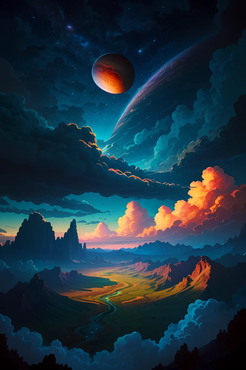 illustration of jupiter clouds by dan mumford, alien landscape and vegetation, epic scene, a lot of swirling clouds, high exposure, highly detailed, realistic, vibrant blue tinted colors, uhd