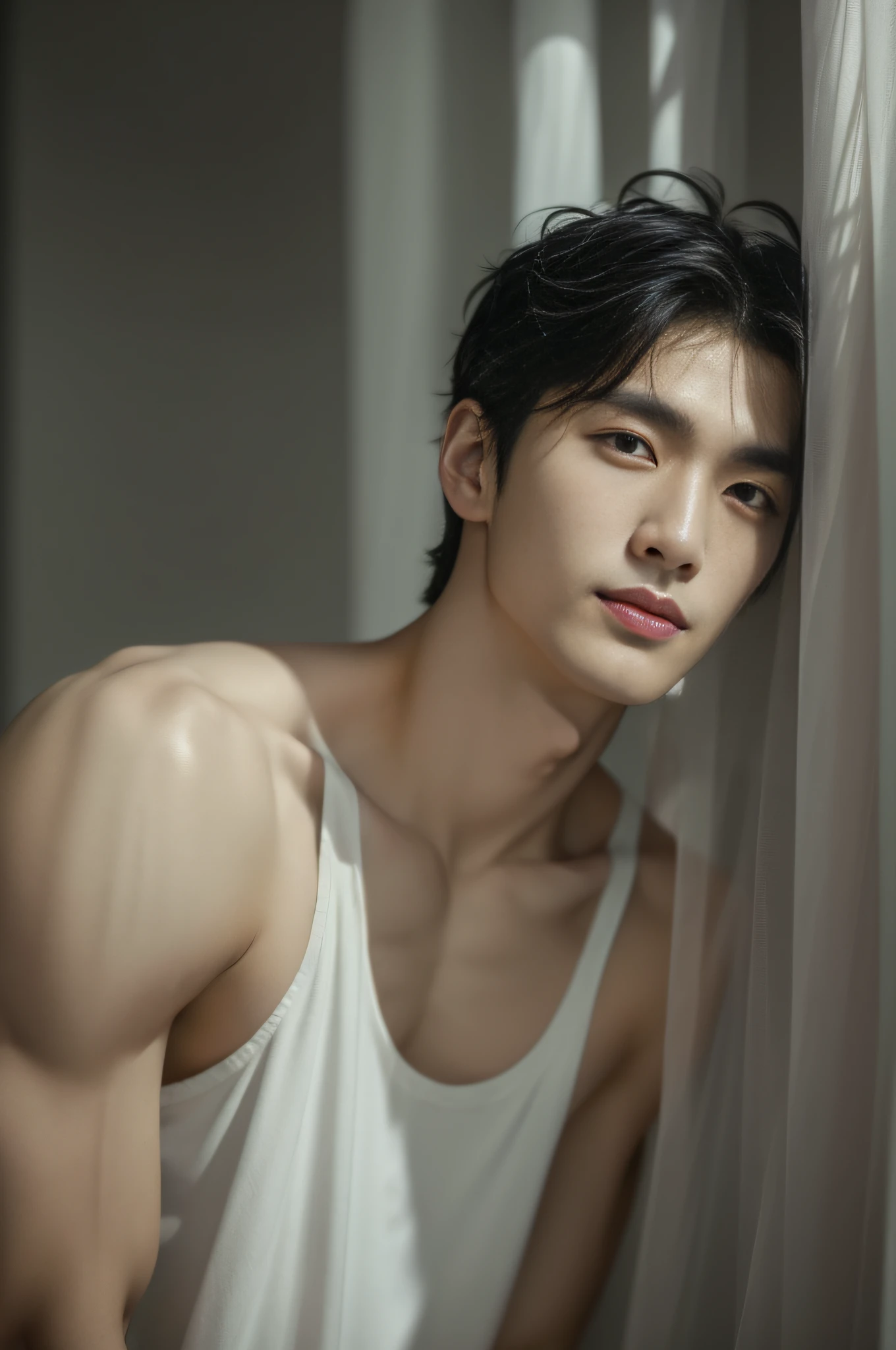 Asian men with short hair, Dark hair and white top.,korean handsome boy,korean handsome boy, Male actors from Korea,No shirt..,cheerful,He's watching you.......,,Elegant,a portrait photo,Shapely,NSTDA.