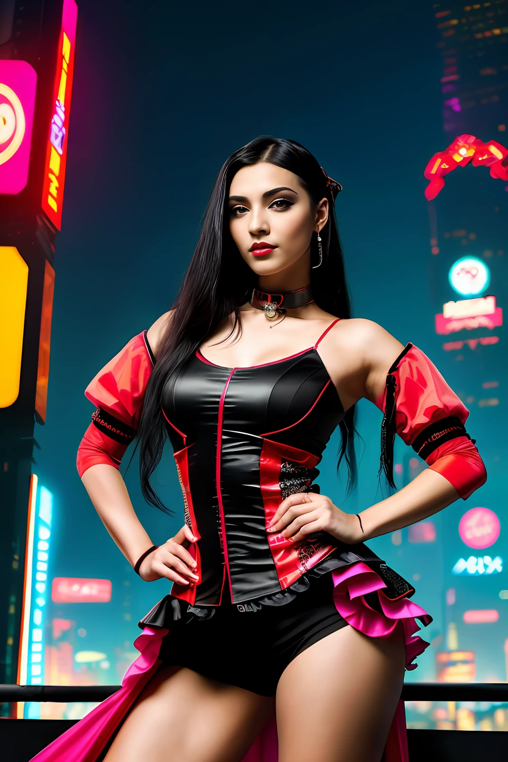 (masterpiece, high resolution, detailed, cyberpunk art:1.3), a portrait of a woman dressed in a vibrant red Sevillana outfit, adorned with cyberpunk elements that merge tradition and futuristic aesthetics. Her flamenco dress, with its intricate ruffles and bold red color, flows elegantly around her, evoking the spirit of traditional Spanish culture.
But this is no ordinary Sevillana dancer—she is a cyberpunk muse. Her outfit is accentuated with (neon lights:1.2) that trace elaborate patterns, bringing a futuristic and electric touch to the traditional attire. (Holographic flowers:1.1) bloom on her dress, offering a blend of nature and technology.
Her (raven black hair:1.2) cascades down her shoulders, contrasting beautifully with the vivid red outfit. (Cybernetic enhancements:1.1) adorn her arms, enhancing her strength and grace, a testament to the fusion of human and machine.
In the background, a cityscape of neon-lit skyscrapers looms, reflecting the cyberpunk world she inhabits. (Hovering drones:1.2) and (futuristic billboards:1.1) add to the ambiance, showcasing a world where technology and culture intertwine.
Her expression is one of confidence and allure, hinting at the dance she is about to perform—a blend of traditional Sevillana movements and futuristic grace. The portrait captures the essence of a woman embracing her heritage while embracing the possibilities of the cyberpunk universe.
This cyberpunk Sevillana is a mesmerizing synthesis of tradition and innovation, a (fantasy masterpiece:1.2) that blurs the boundaries of time and style, inviting viewers to witness the beauty of a new era