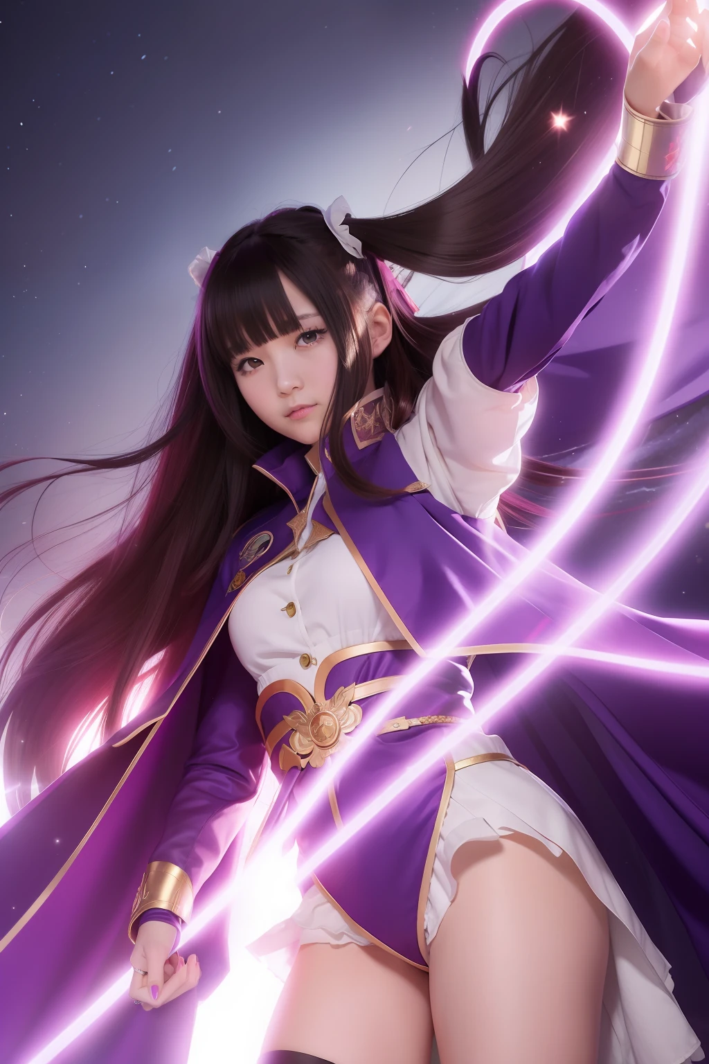 Anime girl in uniform waving cloak and gloves, inspired by Li Chevalier, inspired by Kamisaka Sekka, jojo anime style, with cape, marin kitagawa fanart, inspired by Tsukioka Yoshitoshi, illustrious makinami, Misato Katsuragi, Gainax anime style, inspired by Kōno Michisei