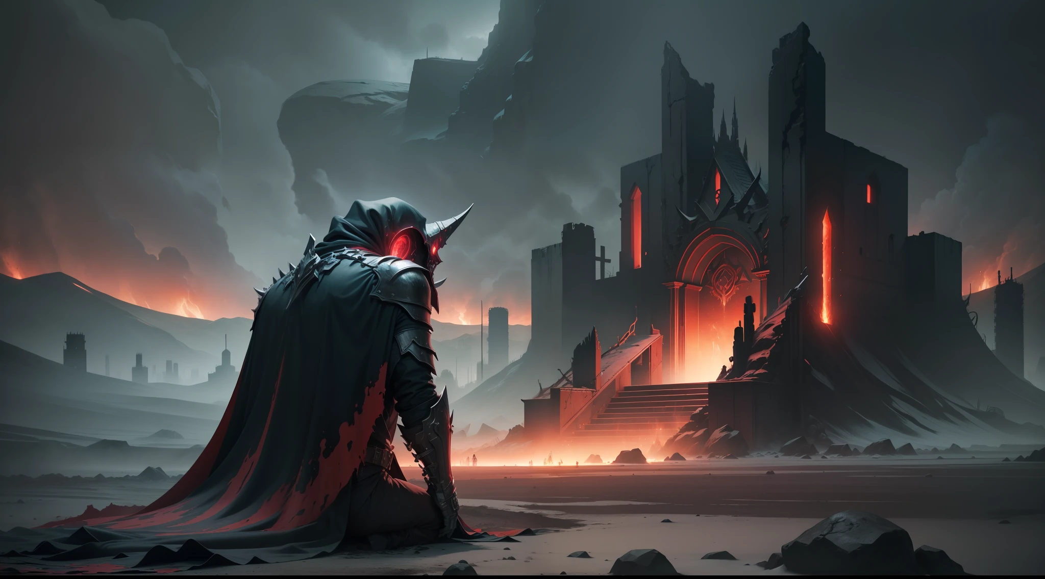 masterpiece, 4k, sharp focus, highest quality, wide shot, Imagine a world where darkness and cold have taken over, and you find yourself in the depths of the nine layers of hell. The once vibrant landscapes have now become desolate wastelands filled with endless suffering. The skies are obscured by a thick haze, and the only sounds you hear are the cries of the damned. As you make your way through the levels, you encounter demons and tormentors, each determined to keep you from escaping their grasp. Can you survive the horrors of each layer and find a way out of this dark and cold hellscape, sky is red crimson purple, main colors are [dark, black, dark purple, dark red, crimson],
