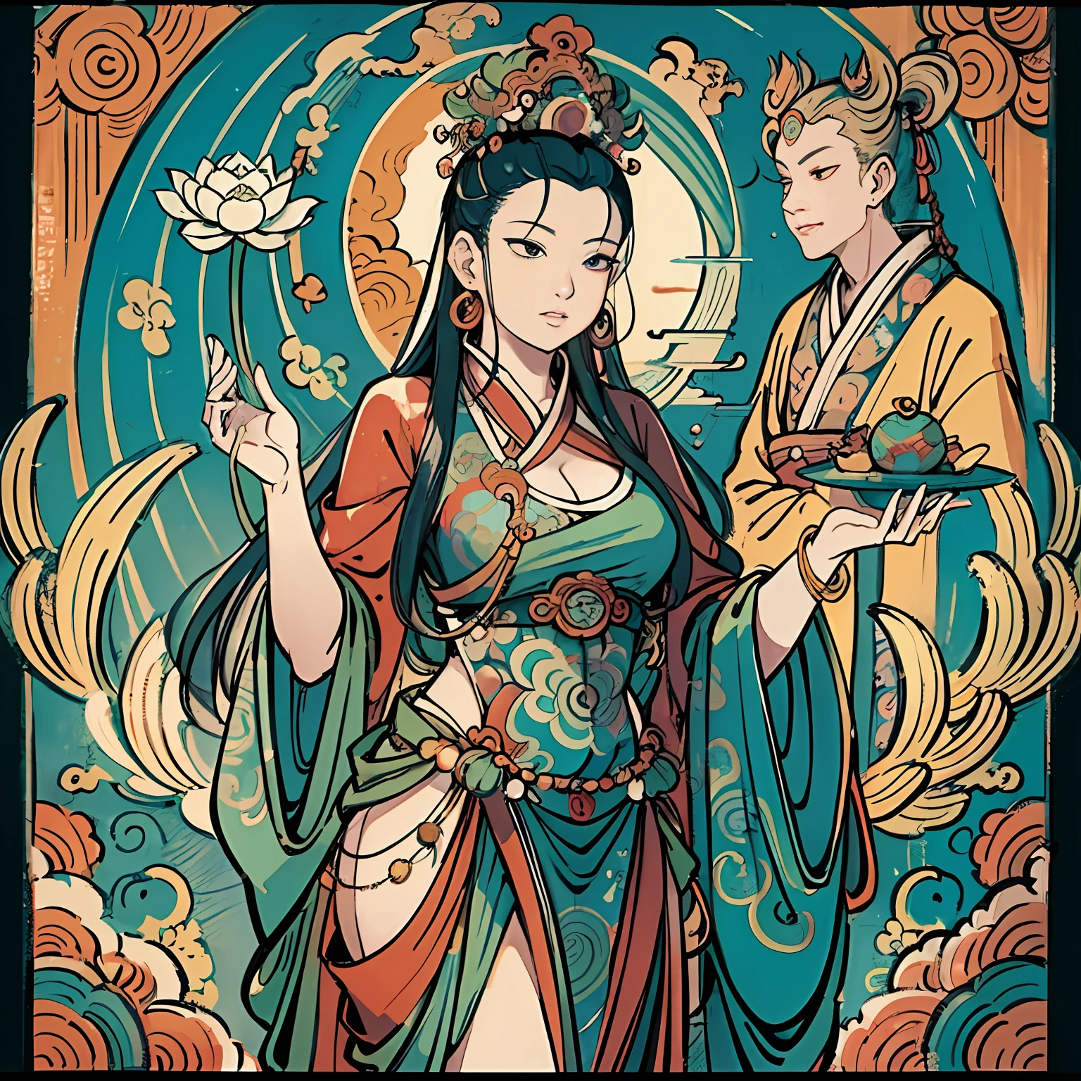 "contented female bodhisattva,guanyin of the southern seas,Serene expression,Standing on the lotus,goddess of love and peace,attractive male deity,the non-binary deity of spring,goddess of nature"