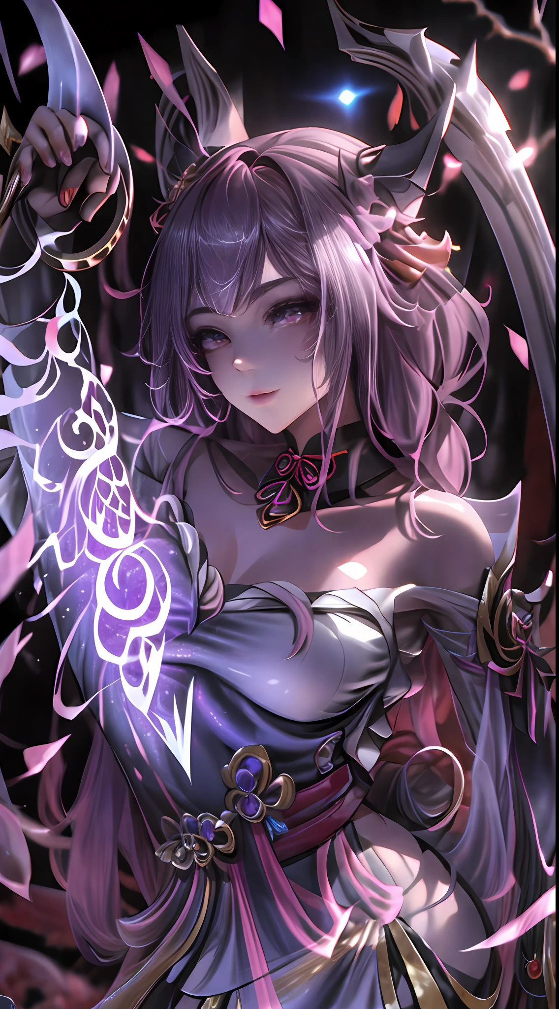 Sculpture of the Dragon Woman,There are sharp corners on the head,Metallic shine all over the body,The tail glows purple,3Drenderingof
